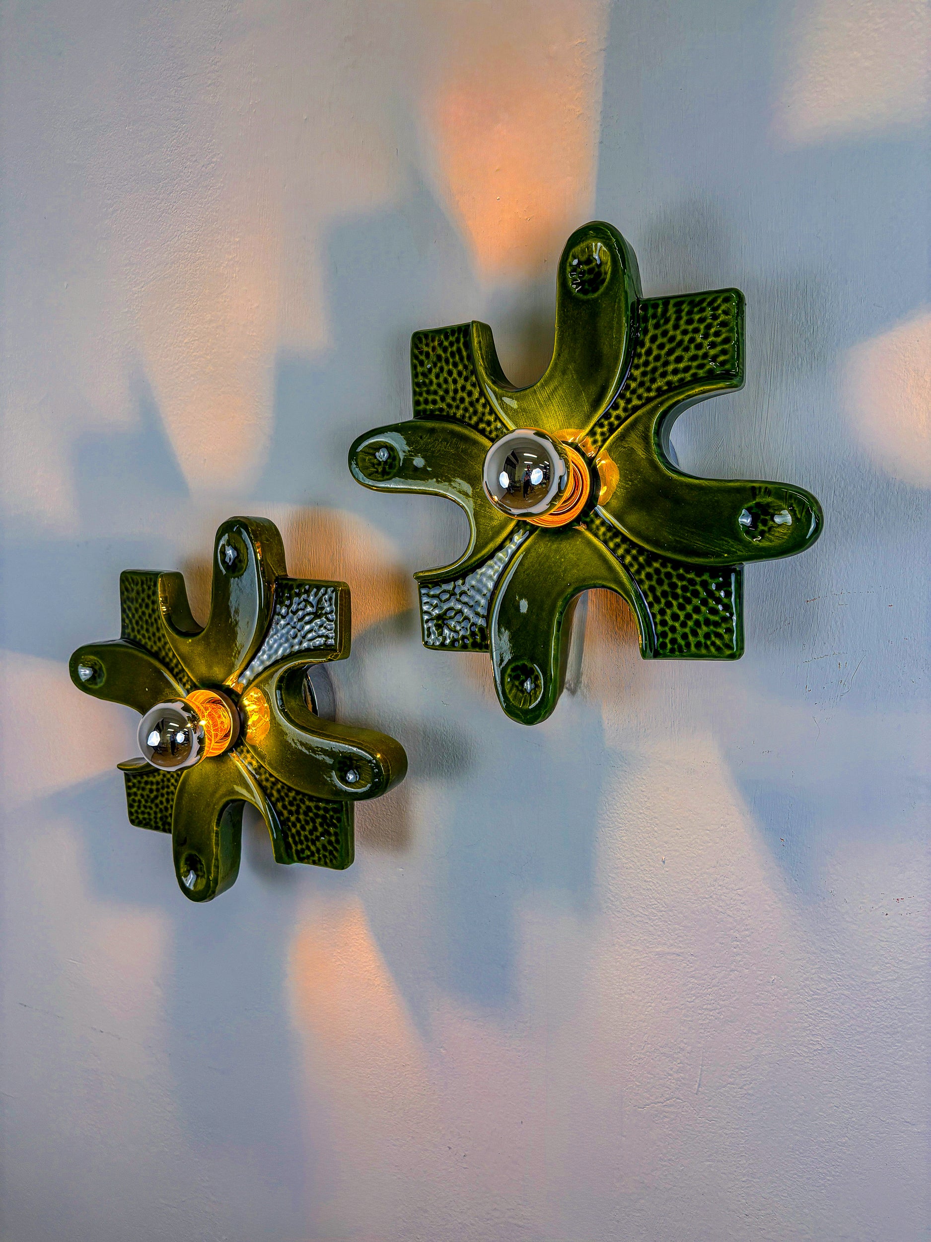 Pair of puzzle sconces by hustadt leuchten, Green ceramics, germany, 1960's