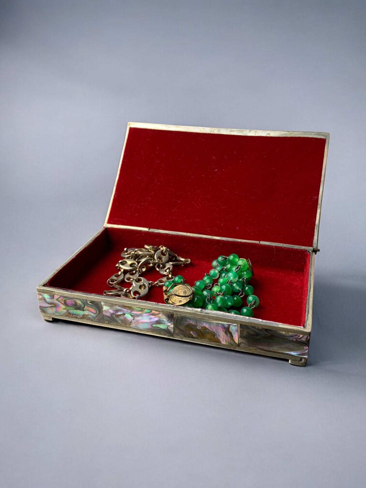 Abalone shell vanity box, Alpaca and wood, Mexico, 70's