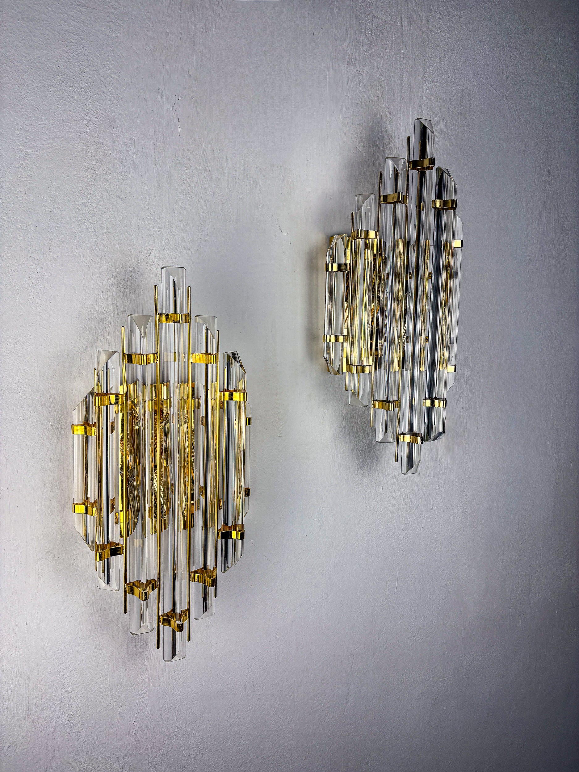 Pair of large Venini sconces, Triedi cut Glass, Italy, Circa 1970's