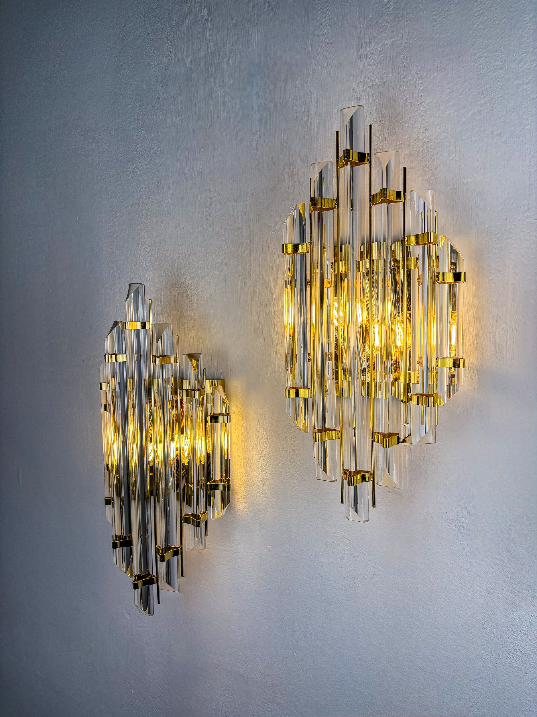 Pair of large Venini sconces, Triedi cut Glass, Italy, Circa 1970's