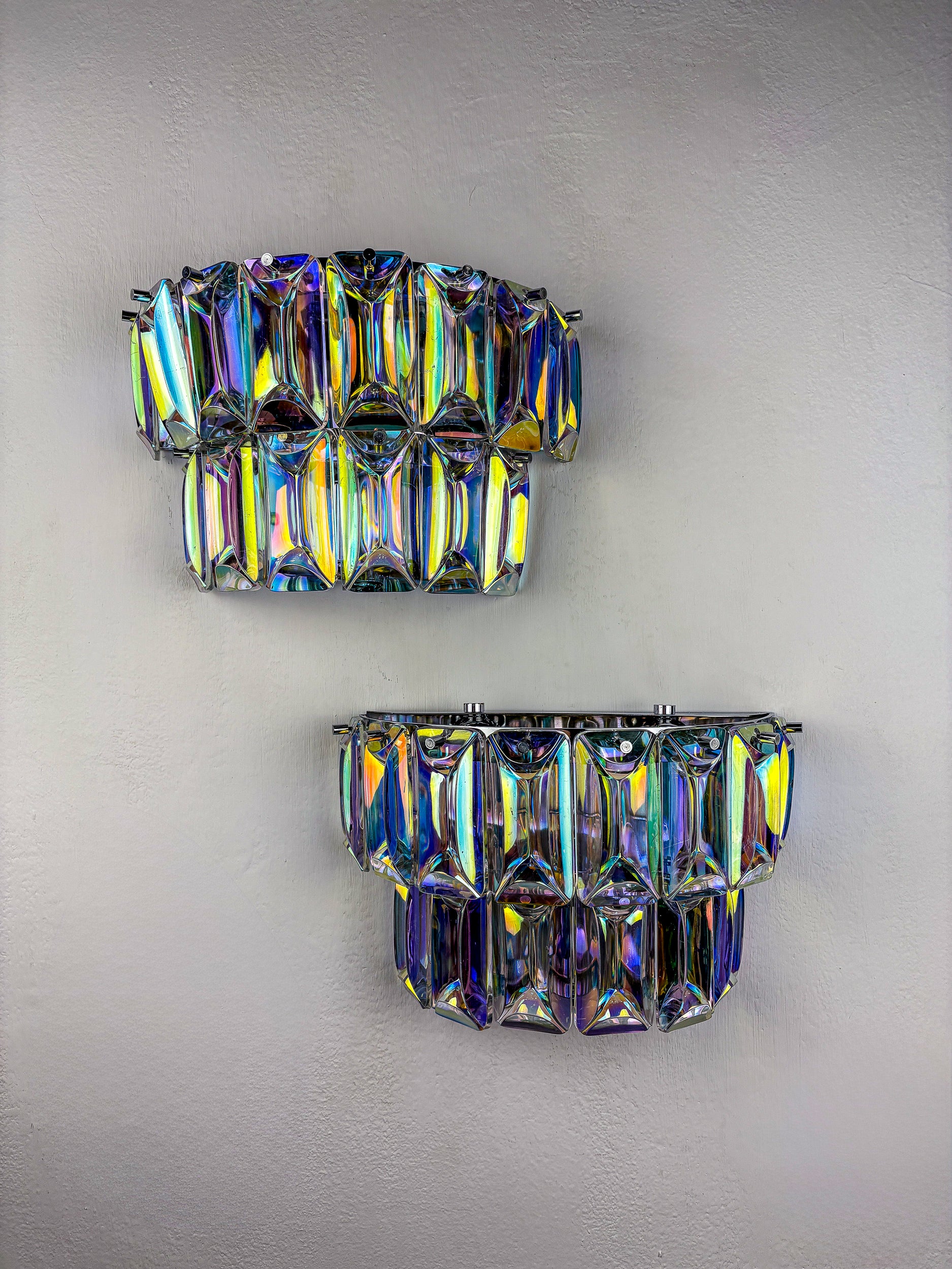 Pair of 2-tier Paolo Venini Iridescent Murano Glass Wall Lights, Italy, 1970's