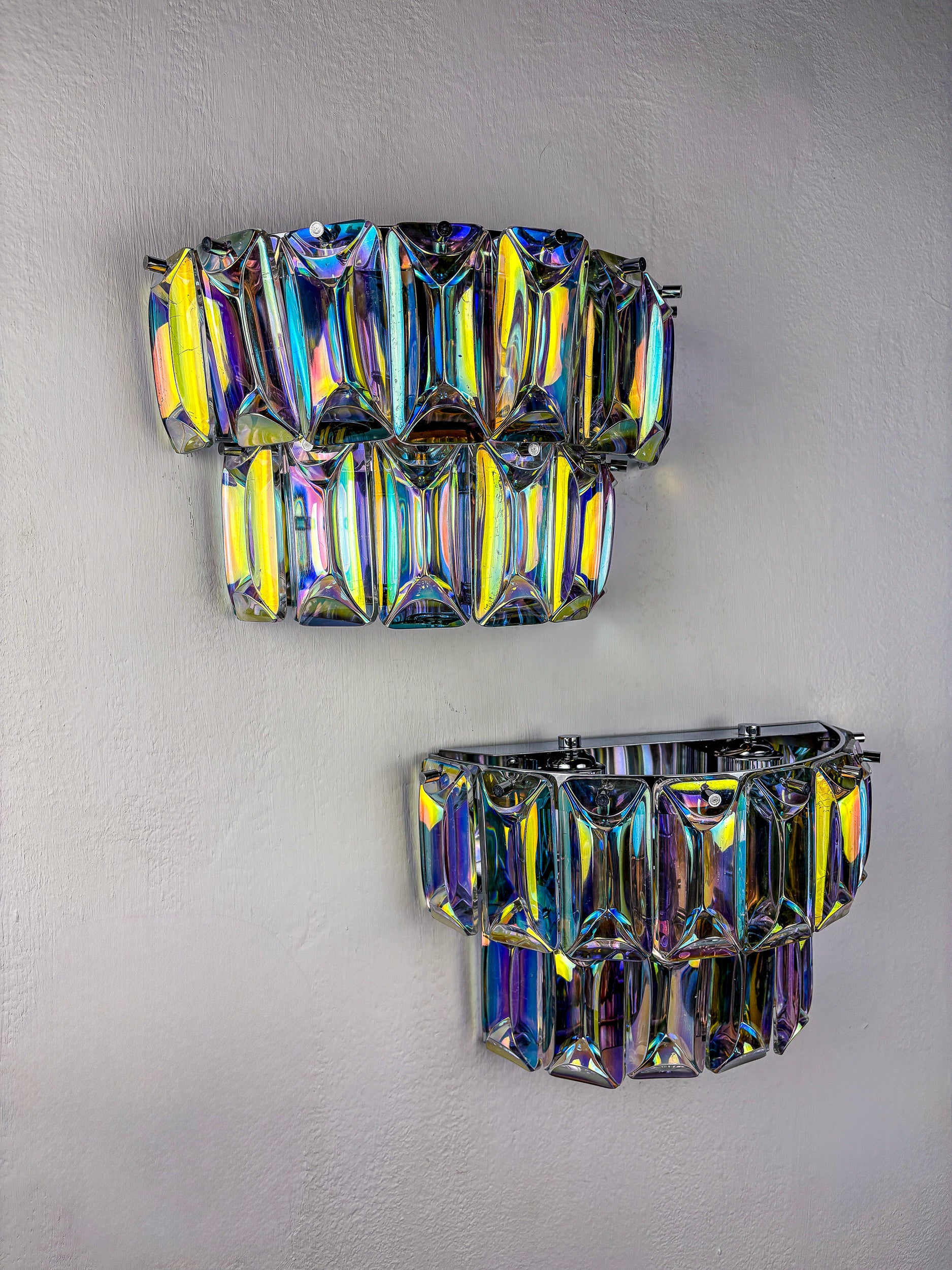 Pair of 2-tier Paolo Venini Iridescent Murano Glass Wall Lights, Italy, 1970's