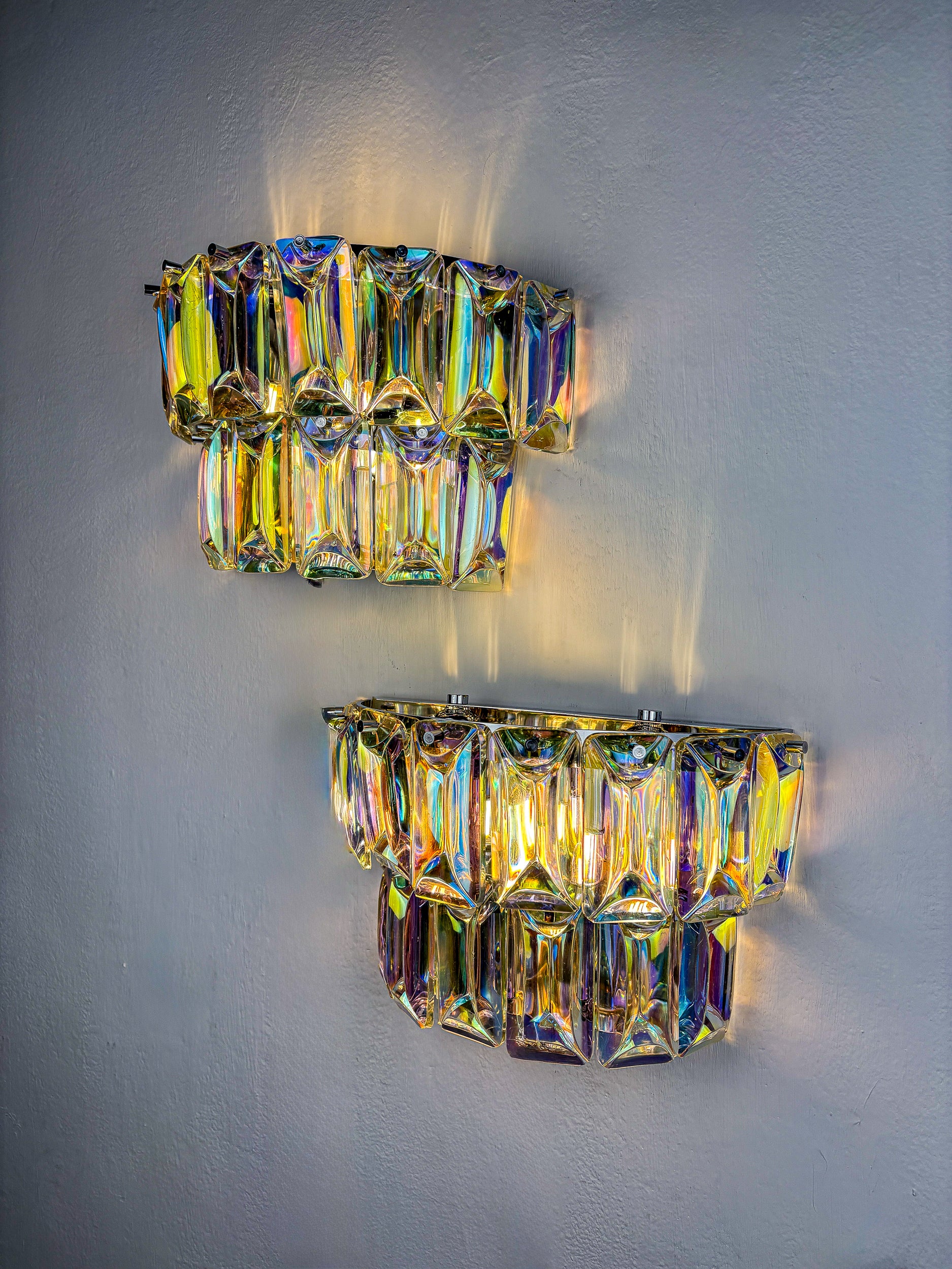 Pair of 2-tier Paolo Venini Iridescent Murano Glass Wall Lights, Italy, 1970's