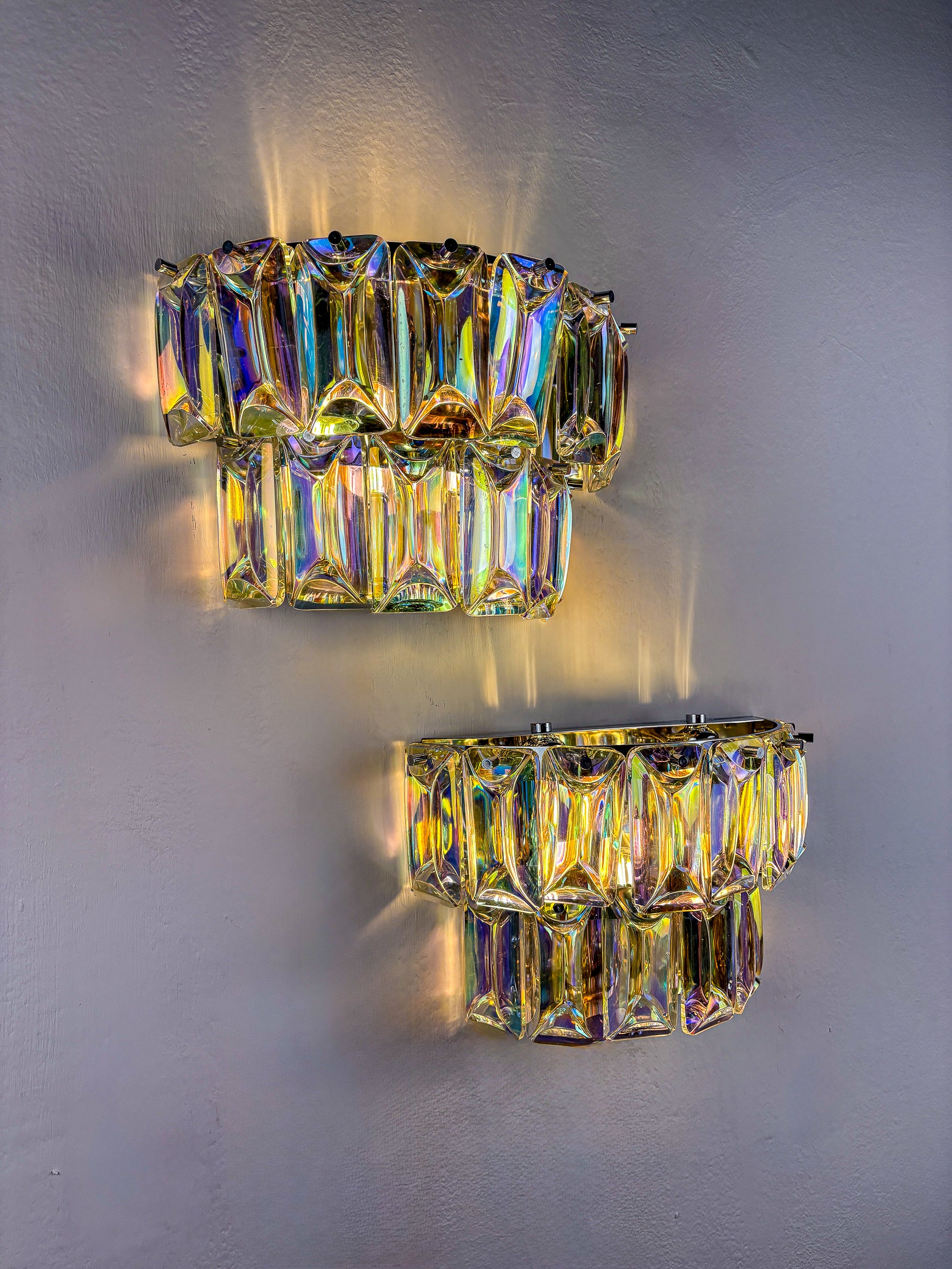 Pair of 2-tier Paolo Venini Iridescent Murano Glass Wall Lights, Italy, 1970's