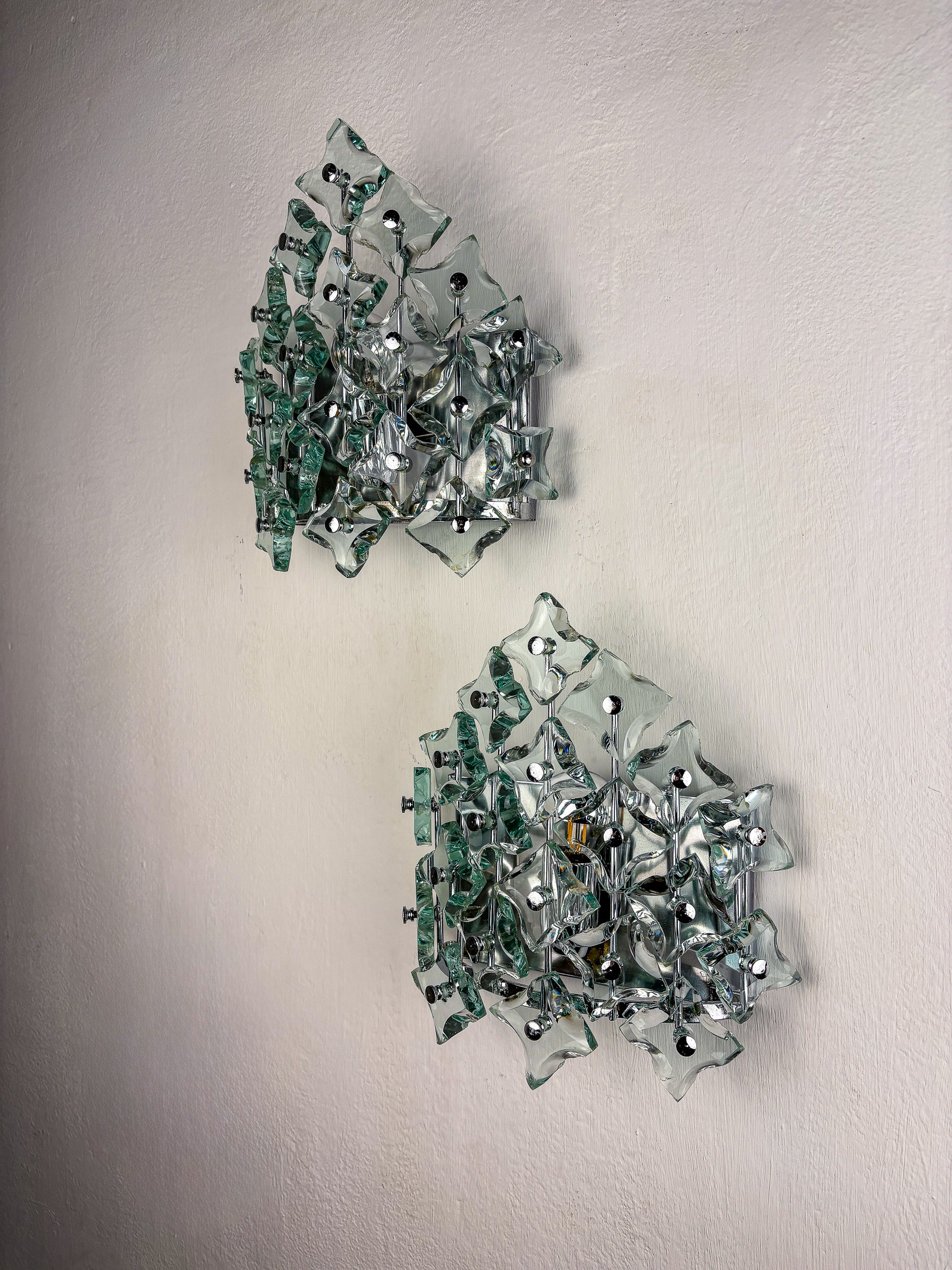 Pair of Zero Quattro Sconces by Fontana Arte, Murano Cut Glass, Italy, 1970s