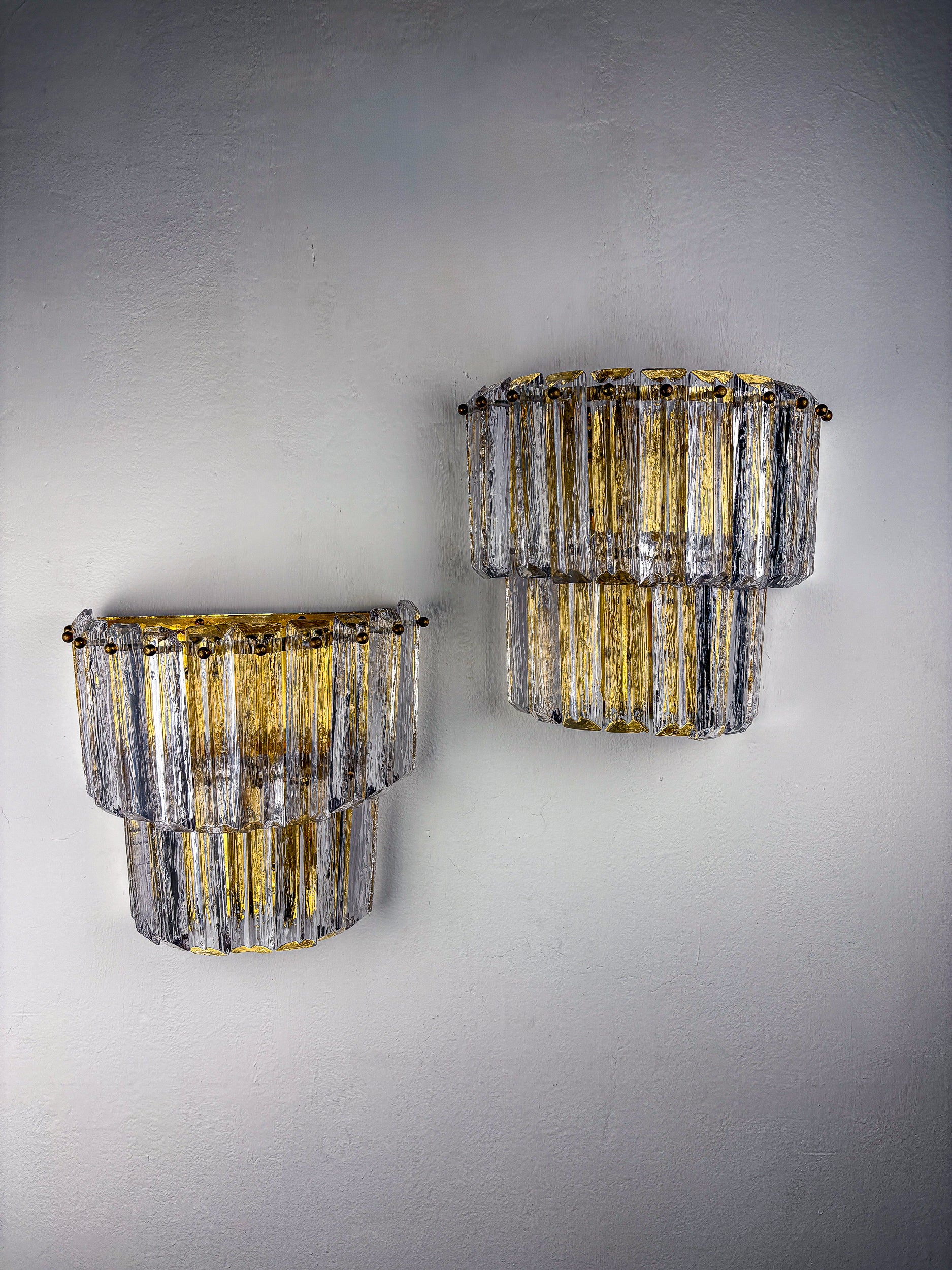 Pair of Two-Tier Frosted Murano Glass Wall Sconces, Italy, 1970s