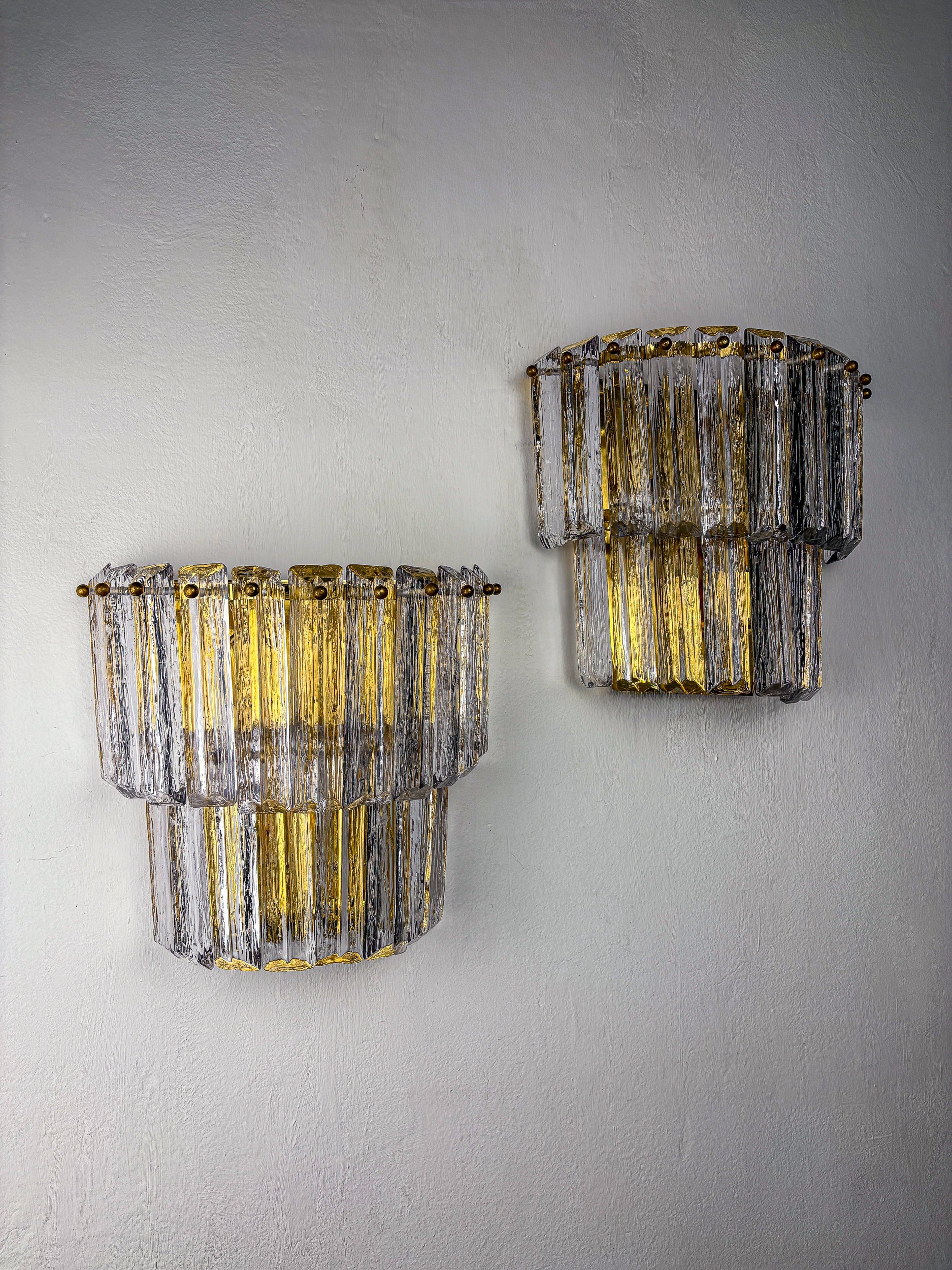 Pair of Two-Tier Frosted Murano Glass Wall Sconces, Italy, 1970s