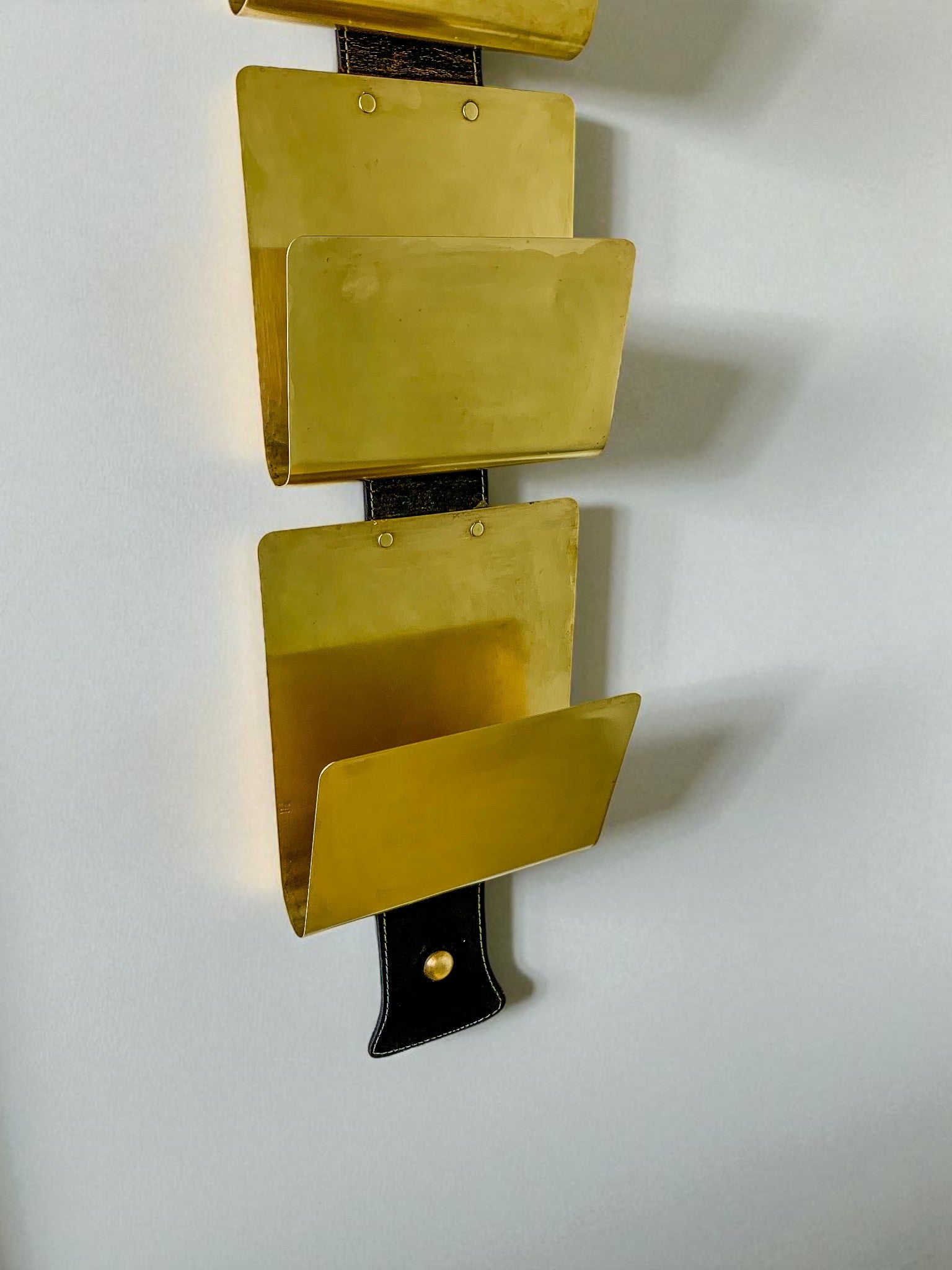 Valenti Brass & Leather Wall-Mounted Magazine Rack, Spain, 1970s