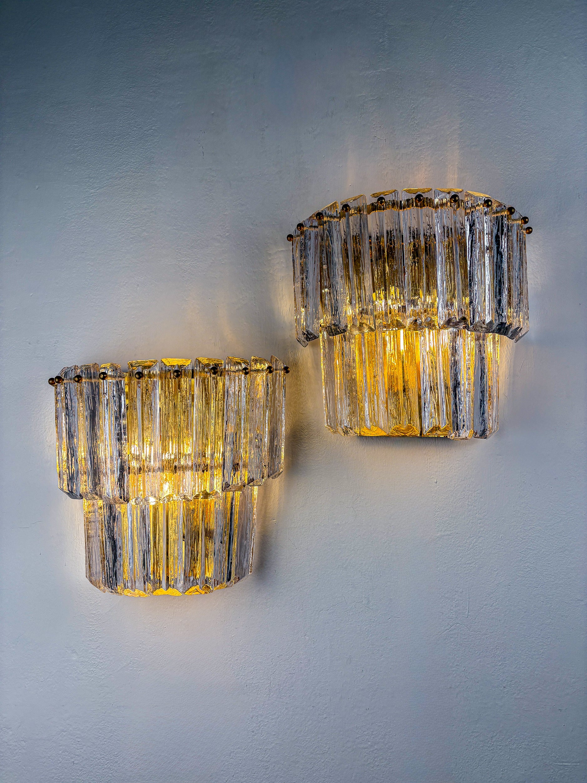 Pair of Two-Tier Frosted Murano Glass Wall Sconces, Italy, 1970s