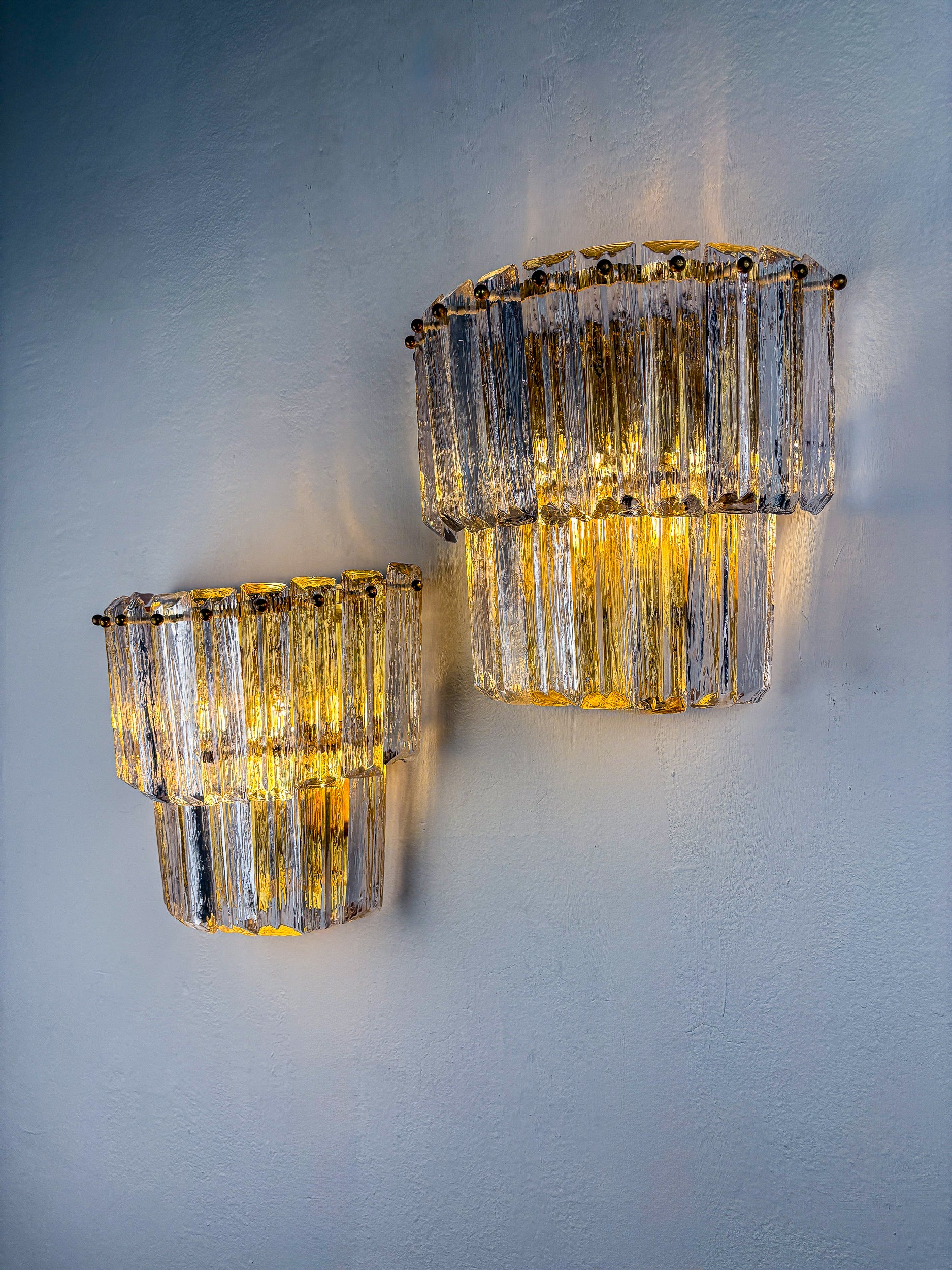 Pair of Two-Tier Frosted Murano Glass Wall Sconces, Italy, 1970s