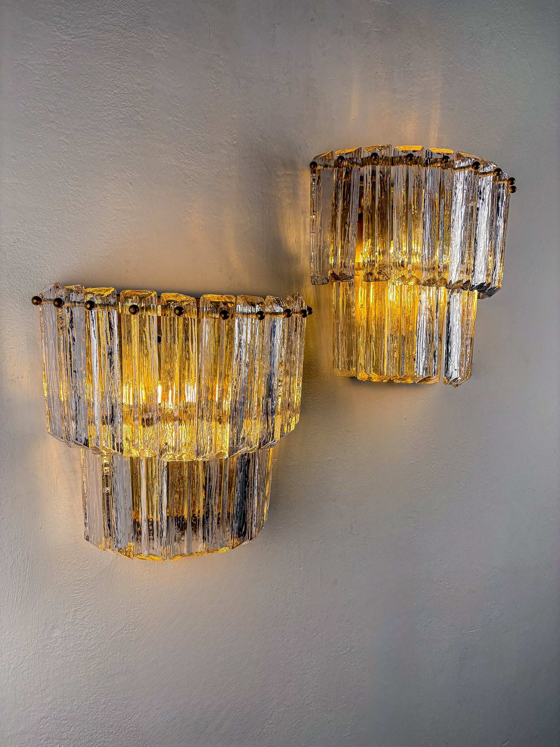 Pair of Two-Tier Frosted Murano Glass Wall Sconces, Italy, 1970s