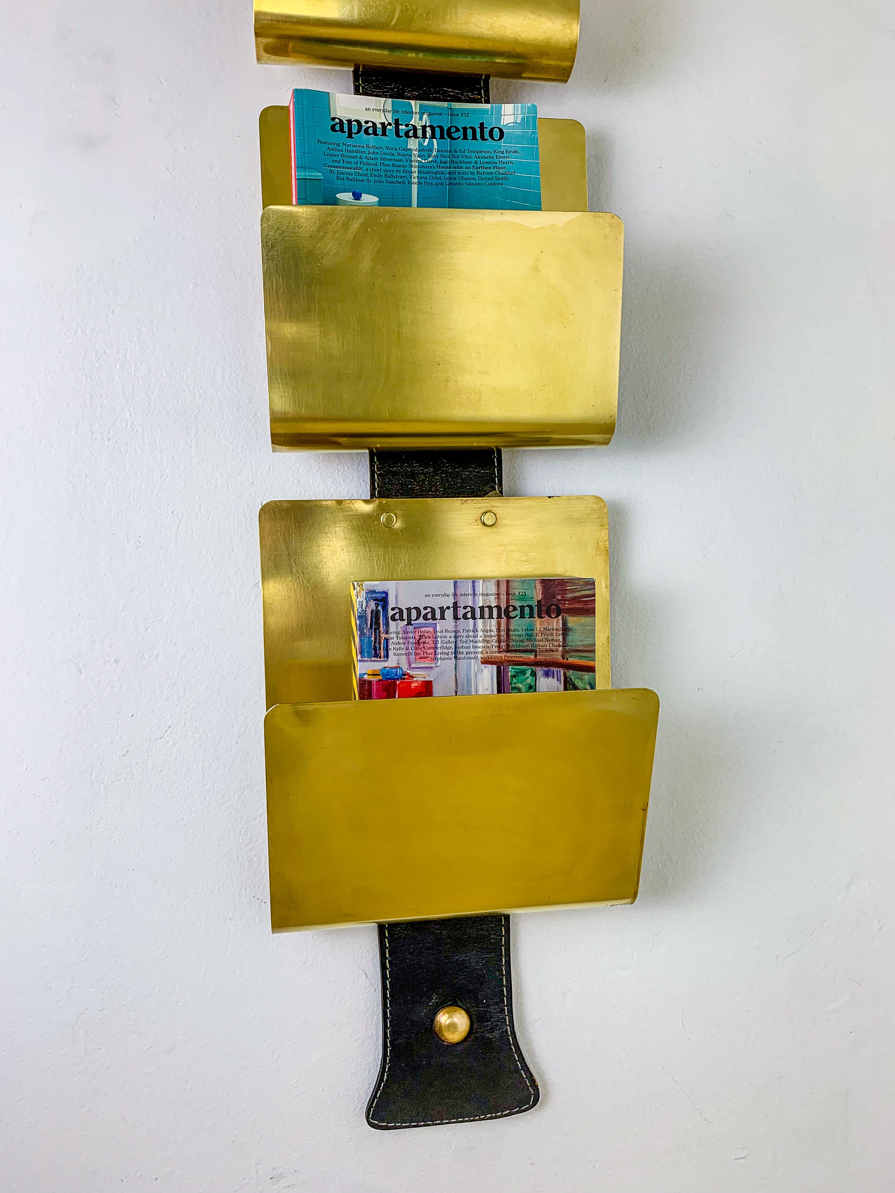 Valenti Brass & Leather Wall-Mounted Magazine Rack, Spain, 1970s