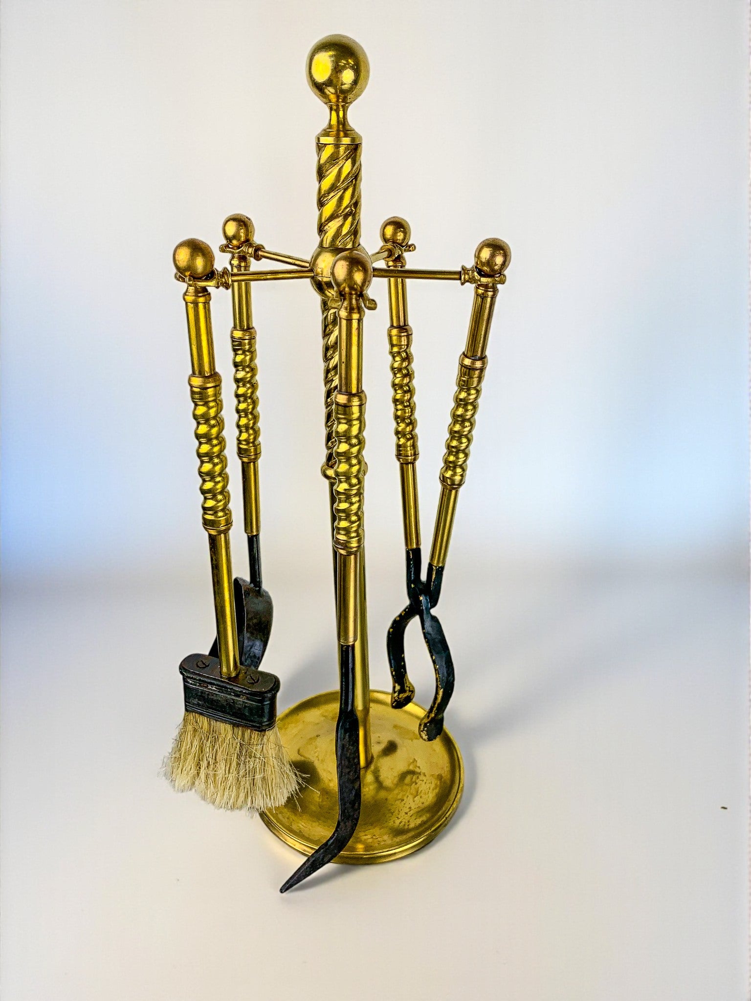 Mid-Century Twisted Brass Fireplace Tools Set with Stand, Spain 1960s