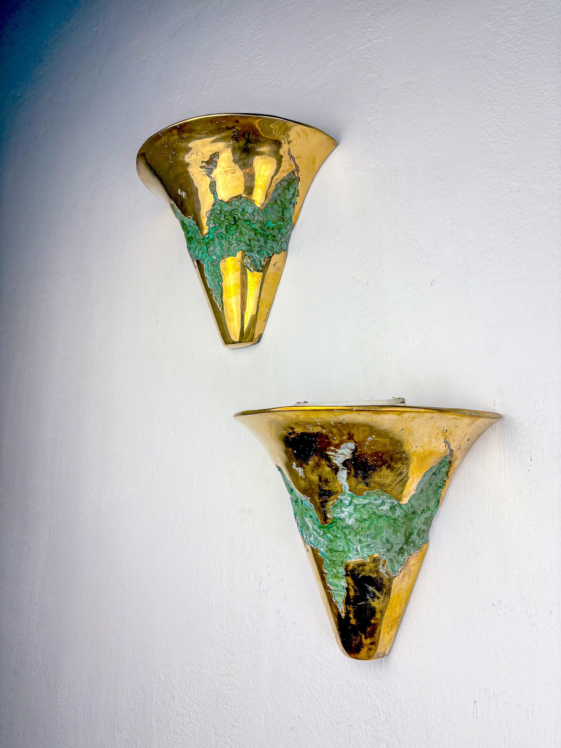 Pair of Italo Valenti brutalist wall sconces in bronze, Spain, 1970's