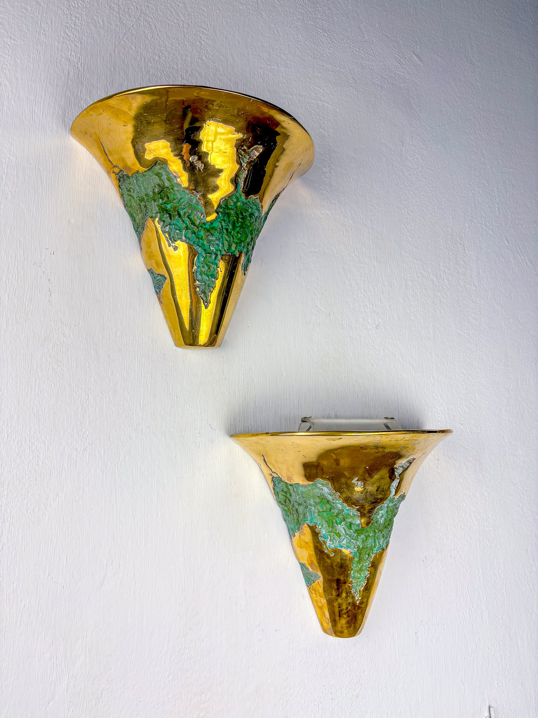 Pair of Italo Valenti brutalist wall sconces in bronze, Spain, 1970's