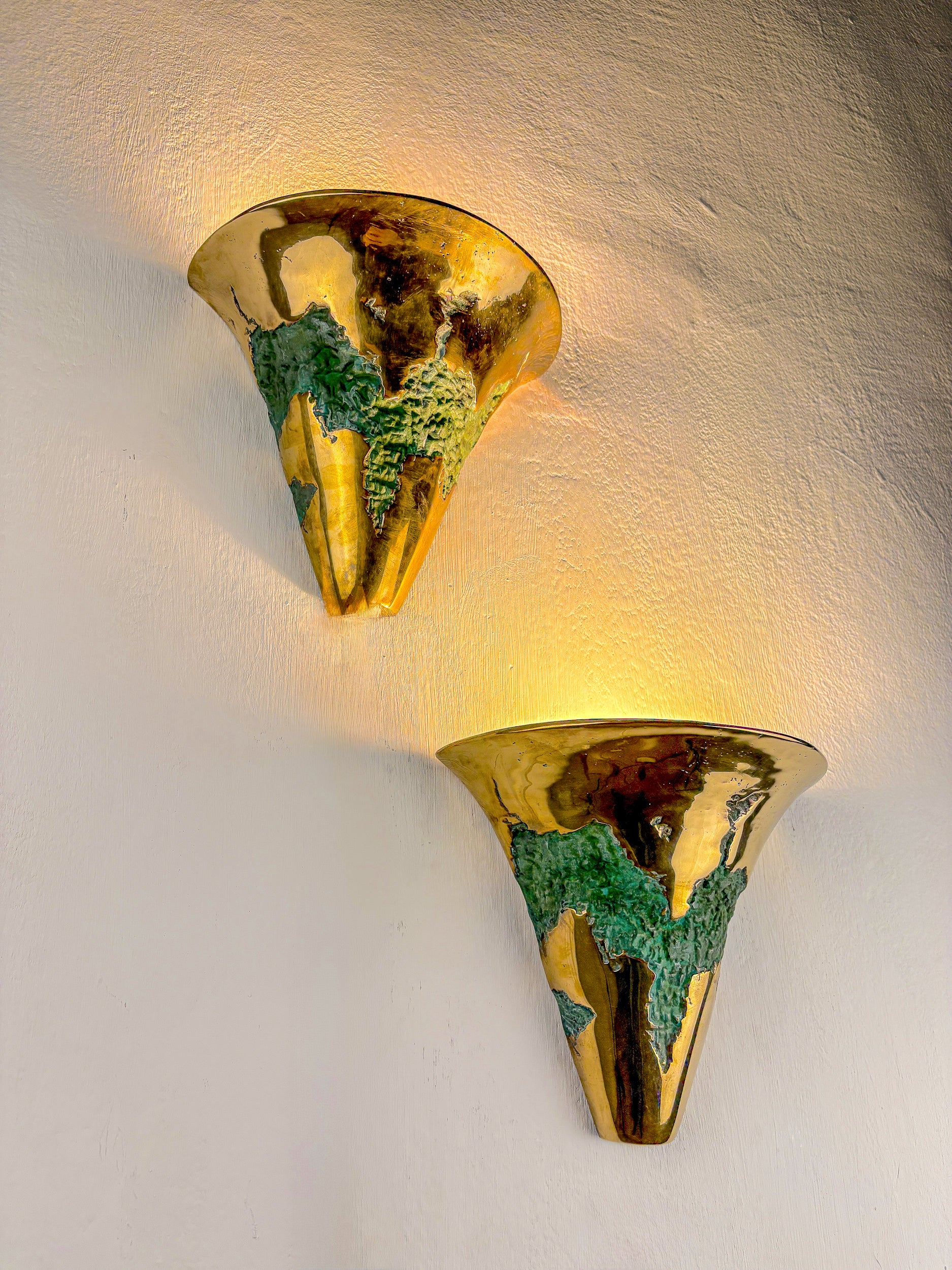 Pair of Italo Valenti brutalist wall sconces in bronze, Spain, 1970's