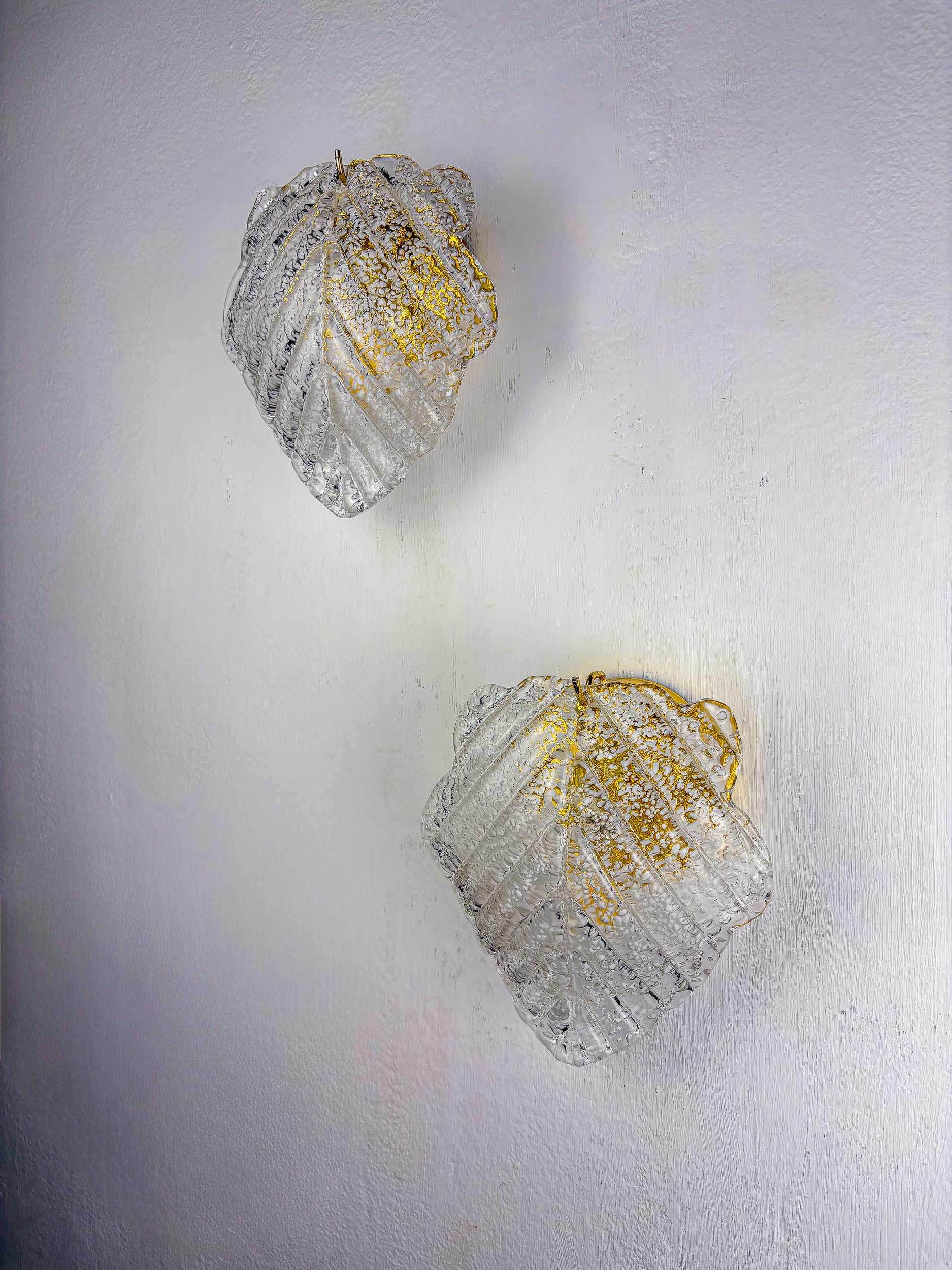 Pair of Italian "Leaf" Frosted Murano glass wall sconces, 1970's