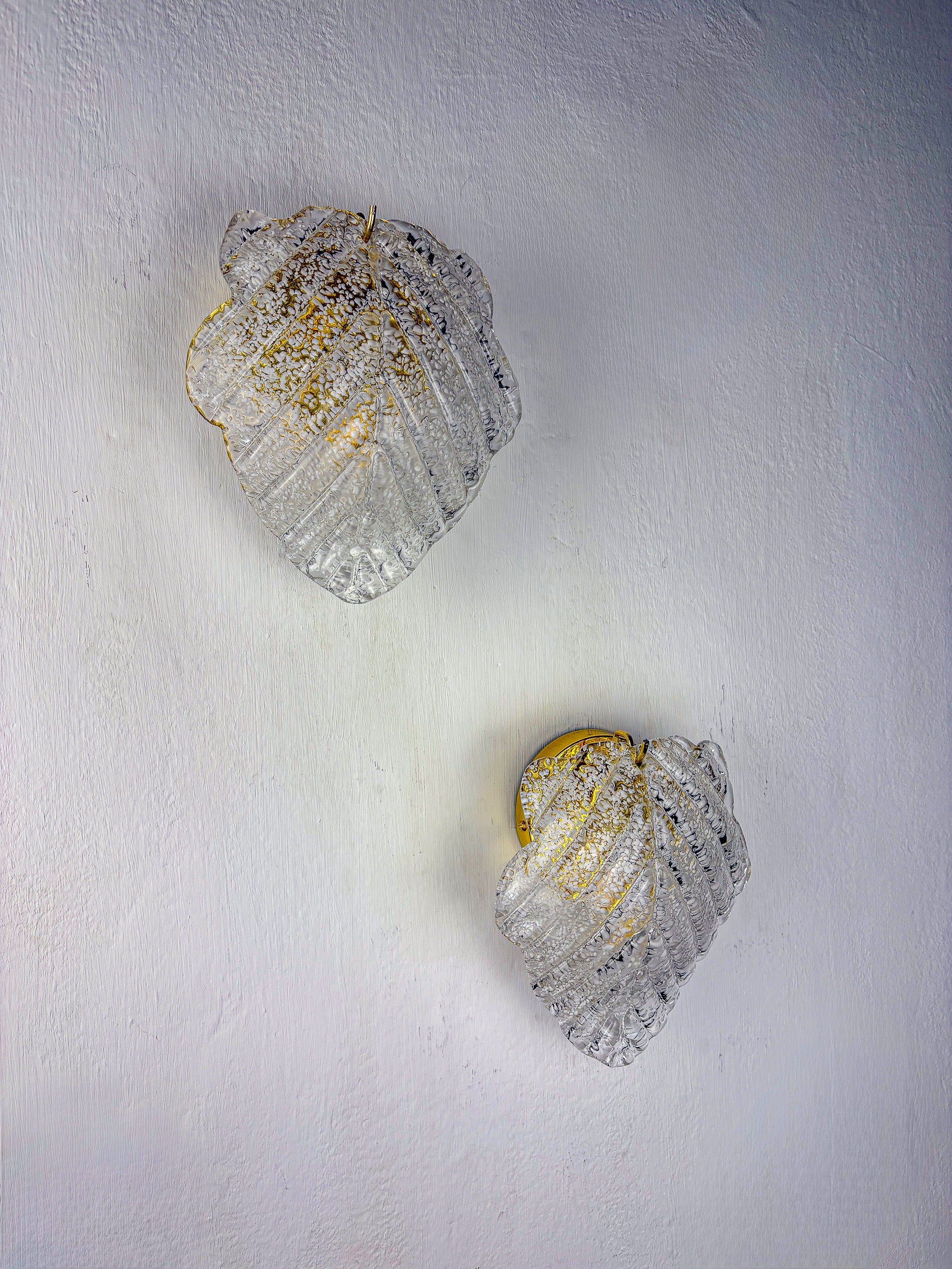 Pair of Italian "Leaf" Frosted Murano glass wall sconces, 1970's