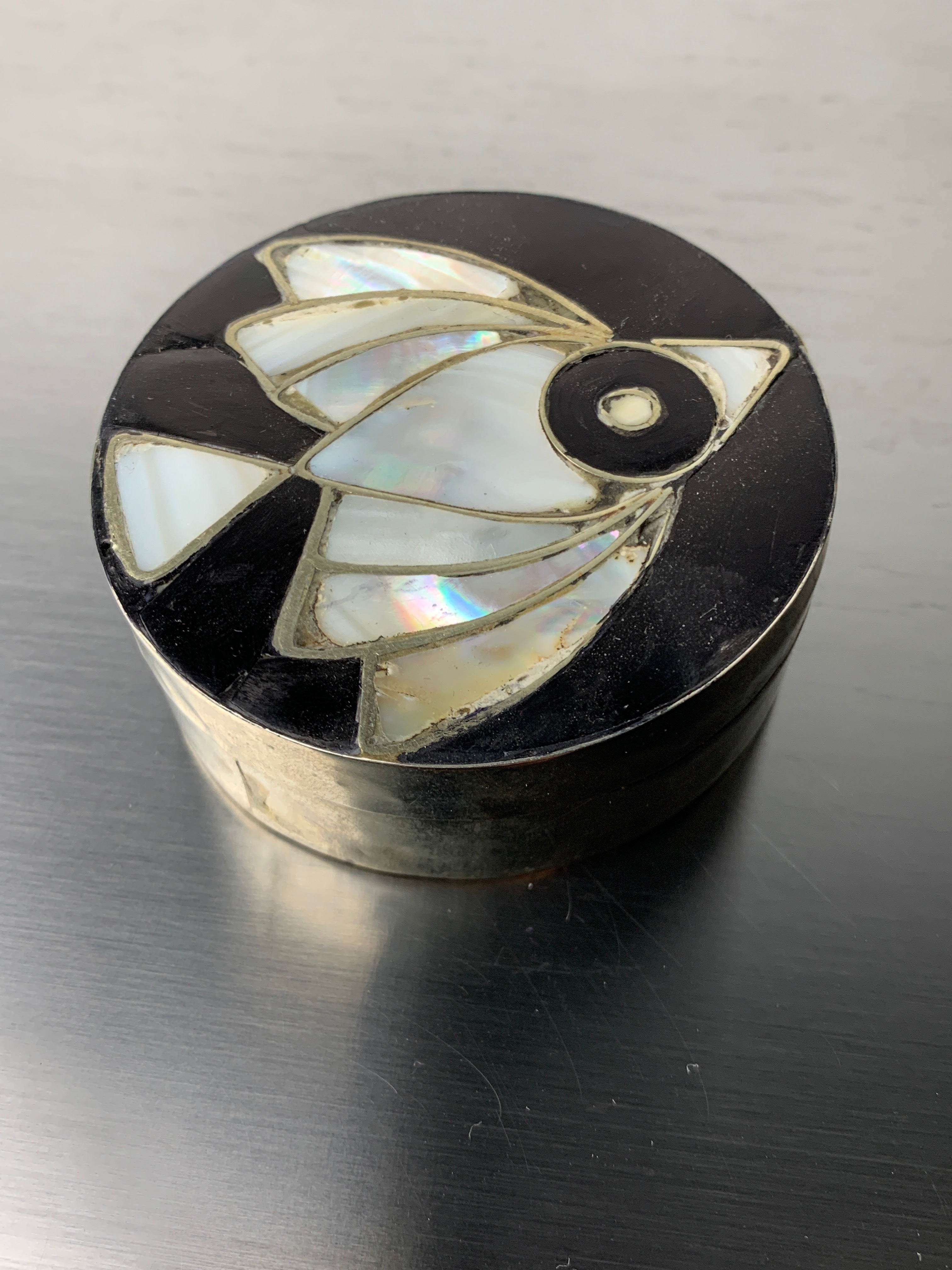 Abalone shell & alpaca silver fish box, Mexico, 1970's