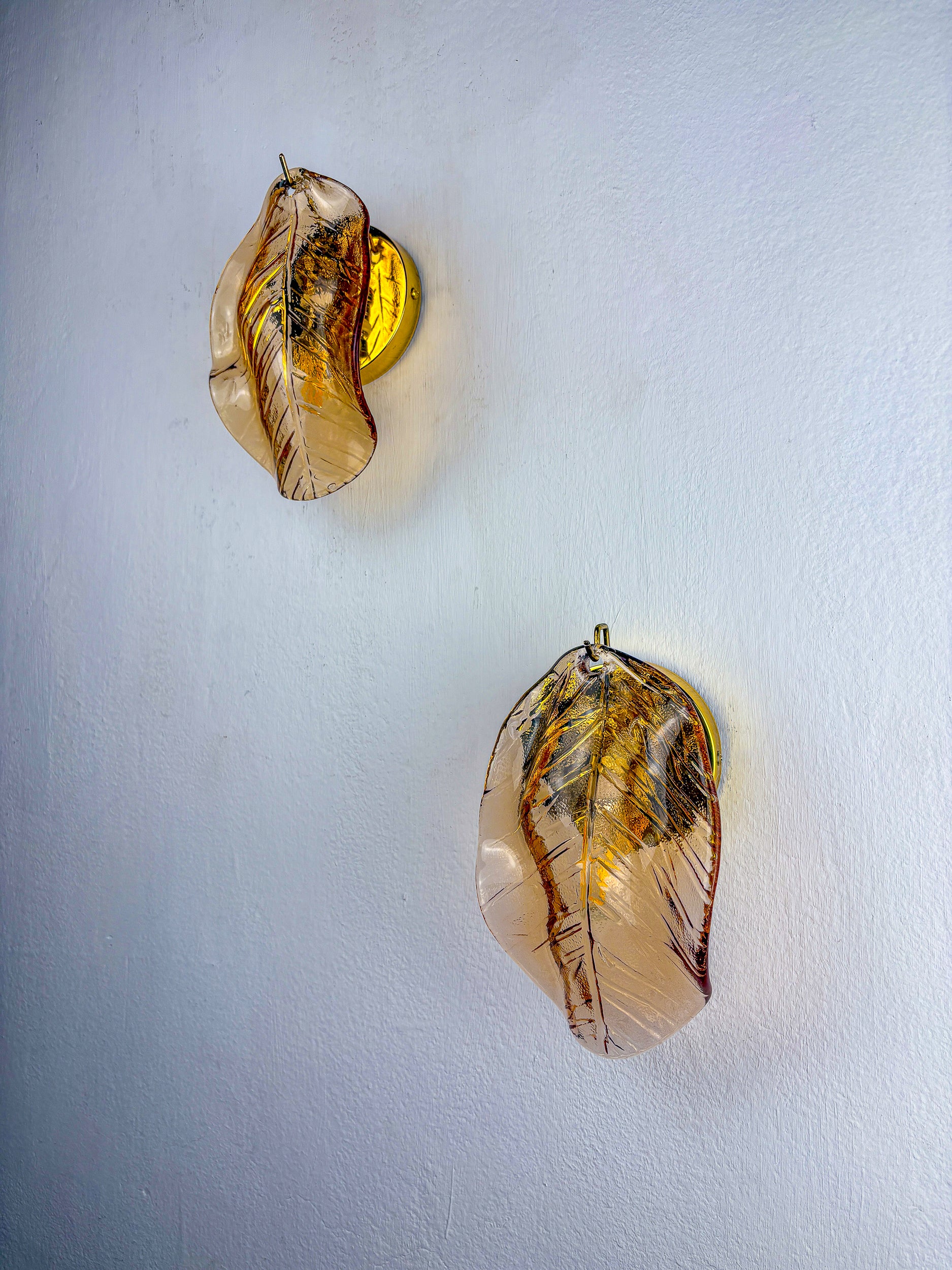 Pair of "Leaf" Murano pink glass wall sconces , Italy, Circa 1970's