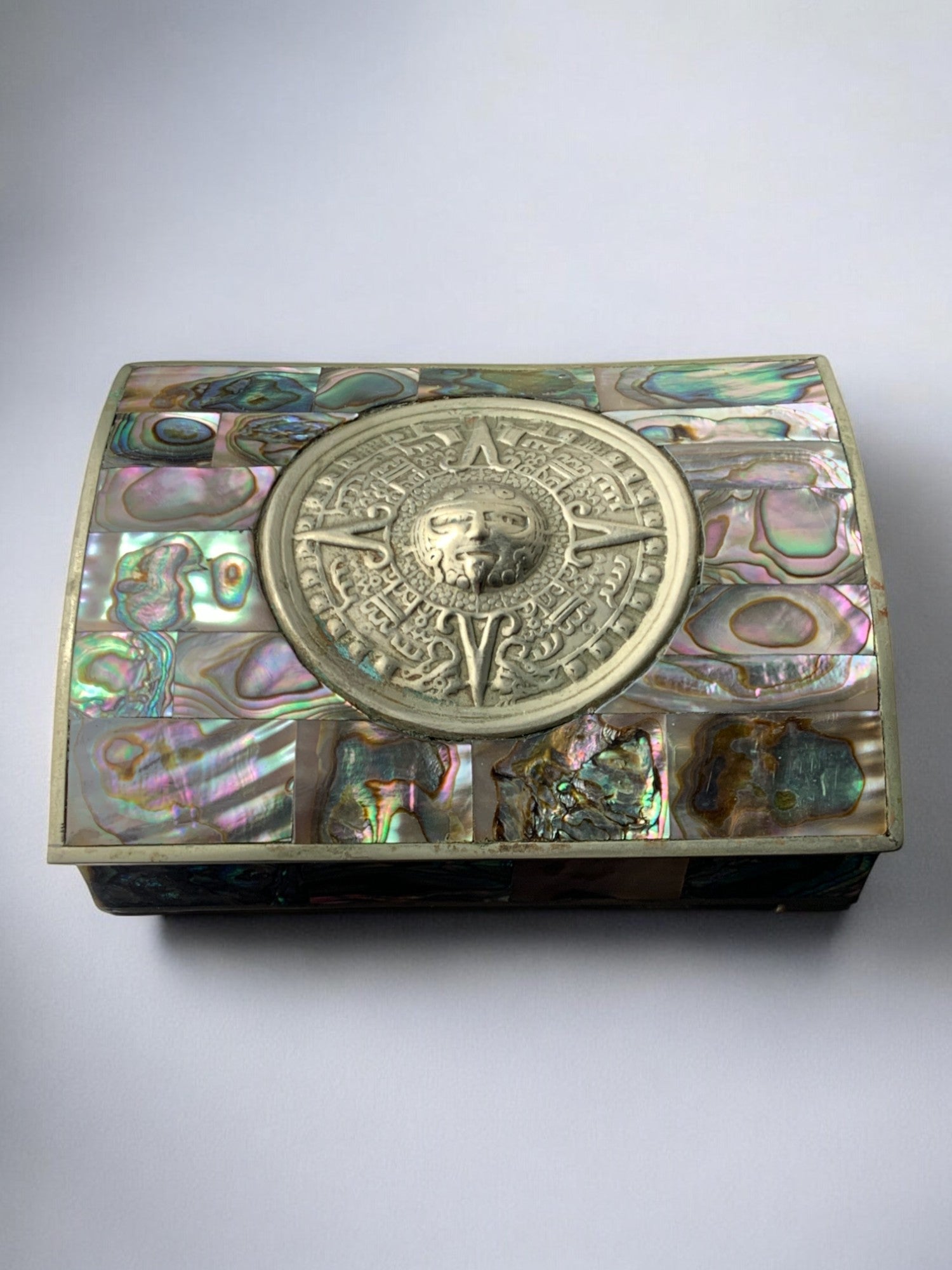 Abalone shell vanity box, Alpaca & wood, Mexico, 1970s