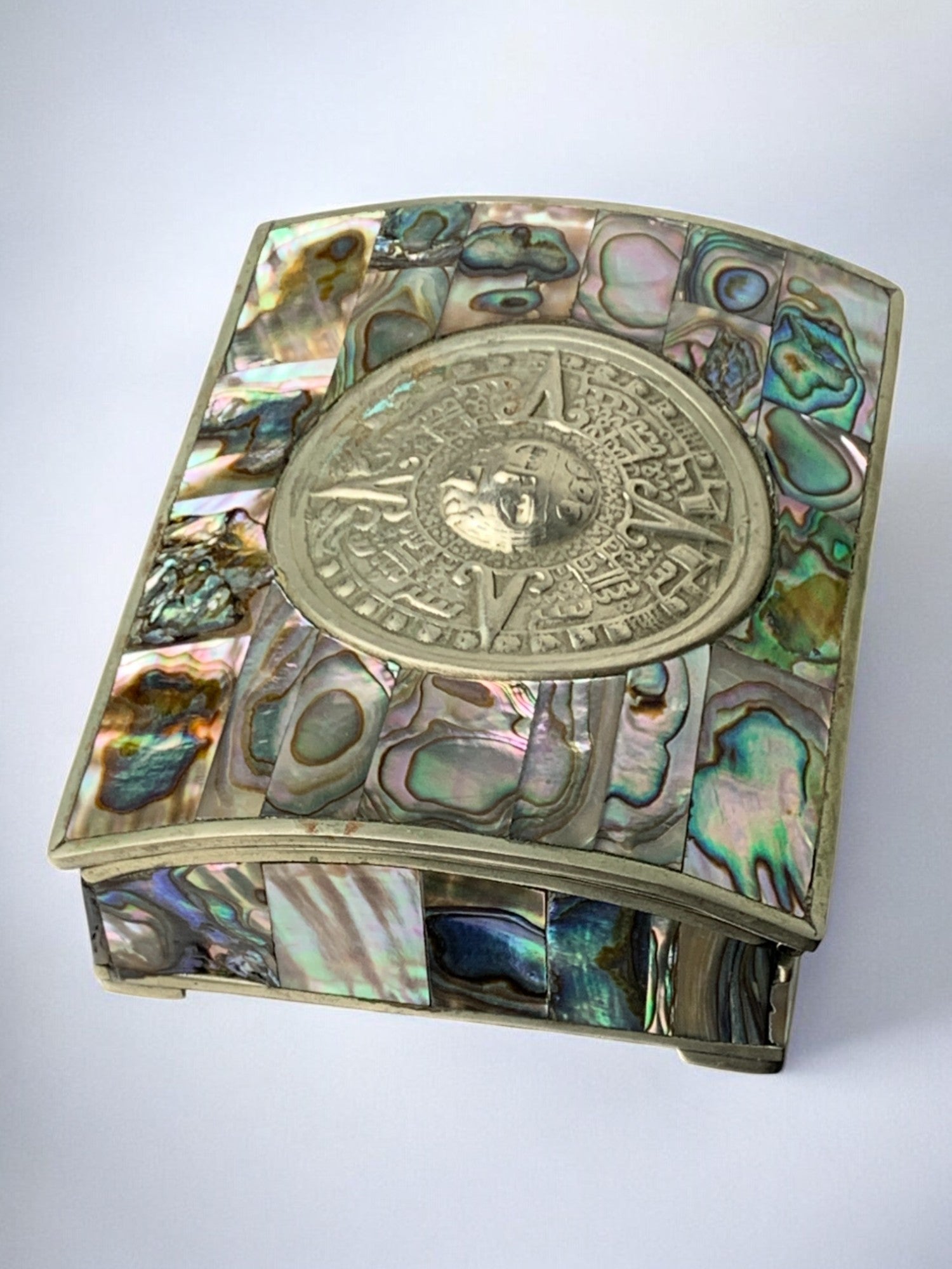 Abalone shell vanity box, Alpaca & wood, Mexico, 1970s
