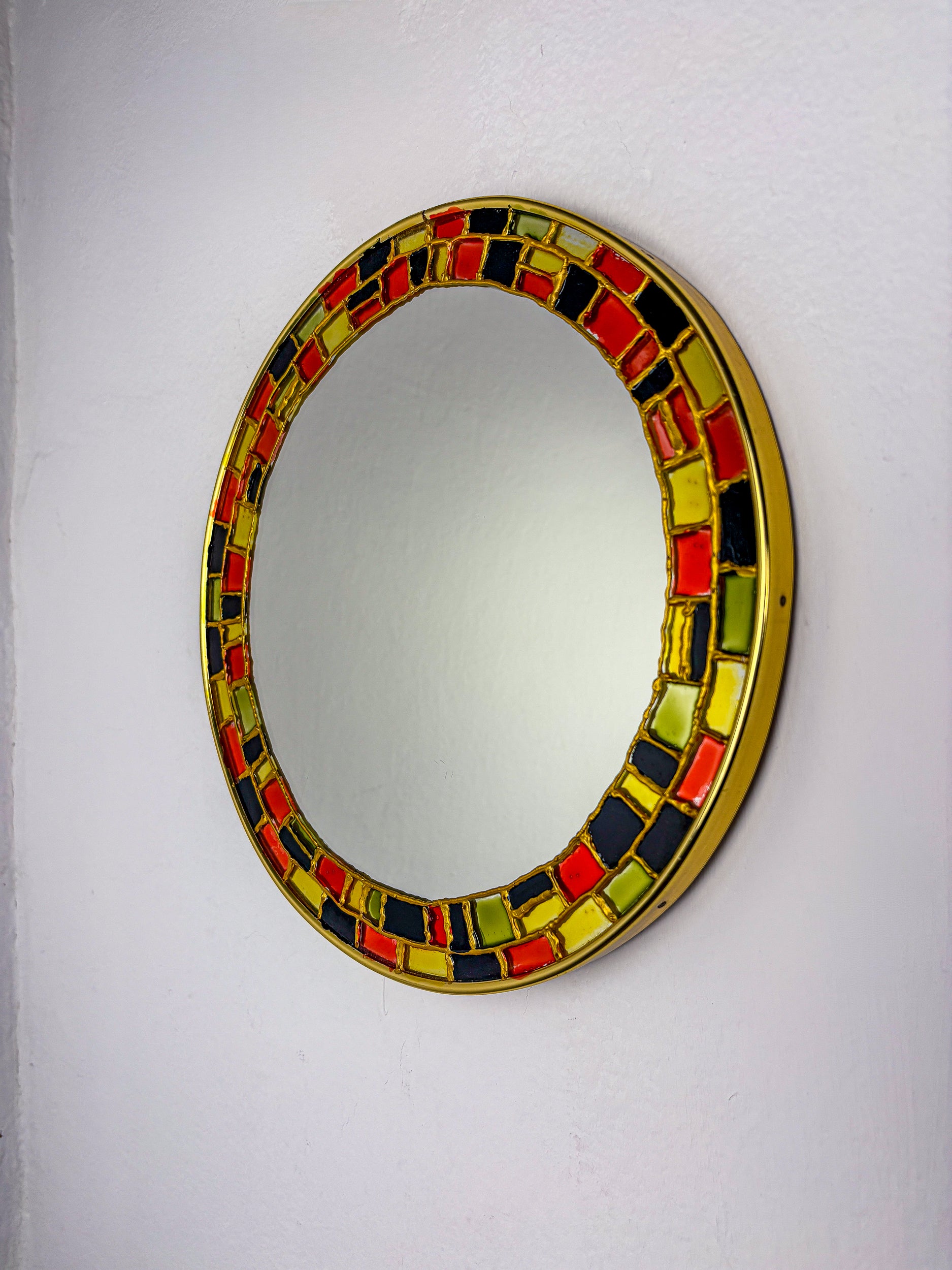 Spanish Hand-Painted Ceramic-Style Mosaic Circular Mirror, 1970s