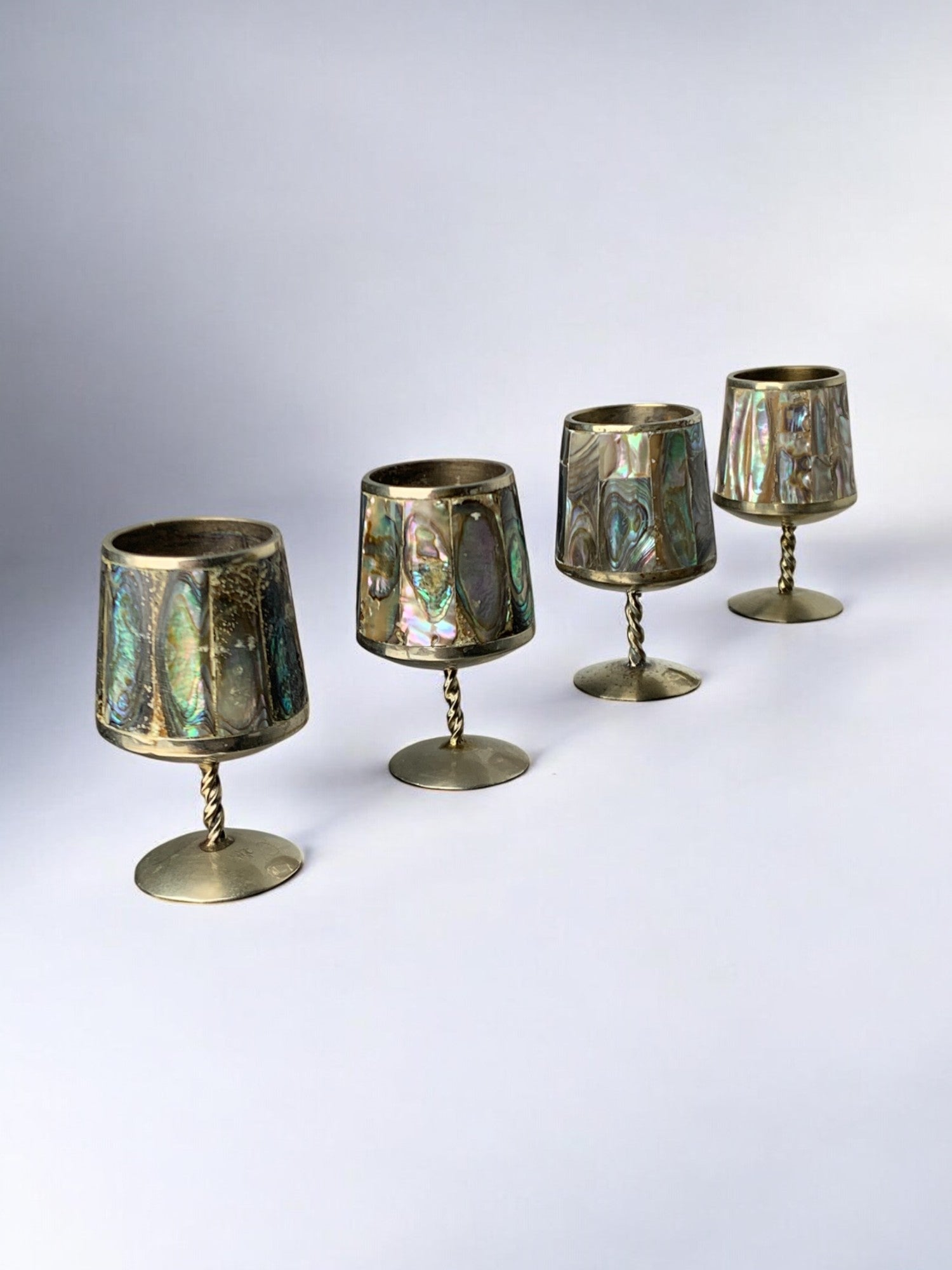 Abalone Shell & Alpaca Shot Glasses, set of 4,  Mexico, 1970's