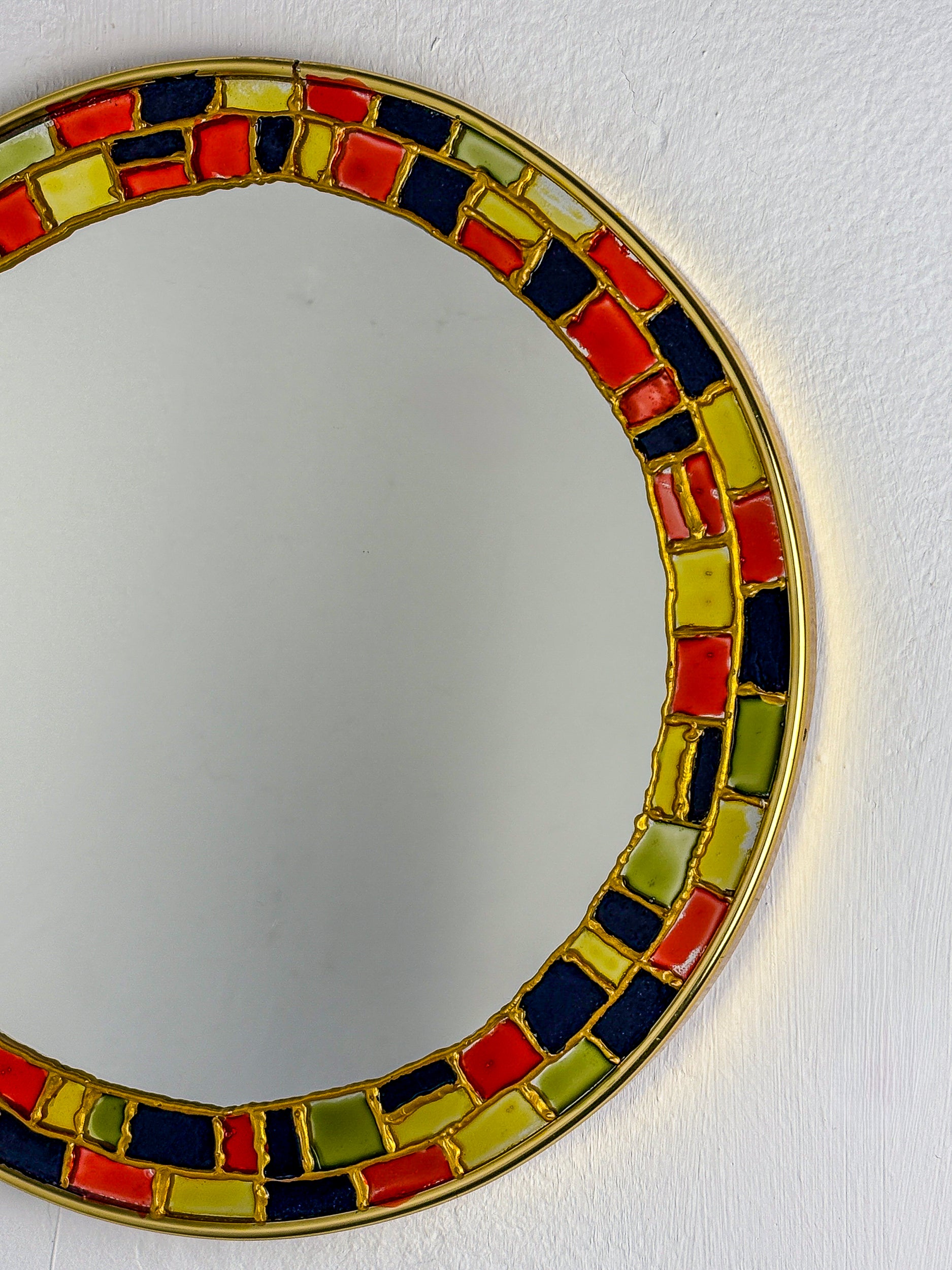 Spanish Hand-Painted Ceramic-Style Mosaic Circular Mirror, 1970s