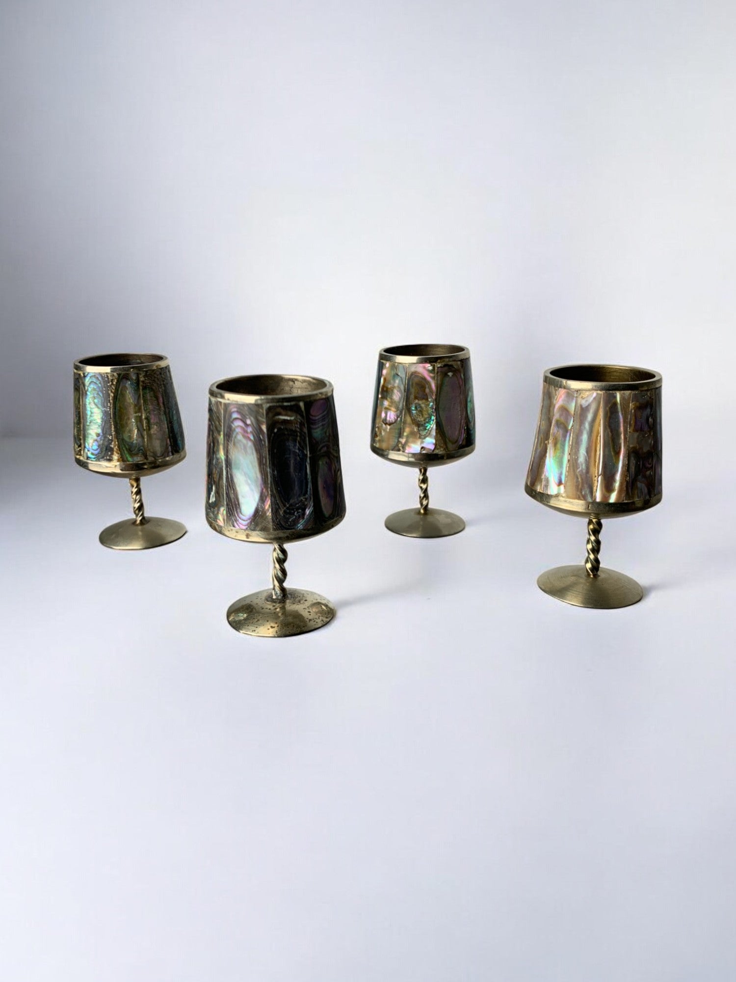 Abalone Shell & Alpaca Shot Glasses, set of 4,  Mexico, 1970's