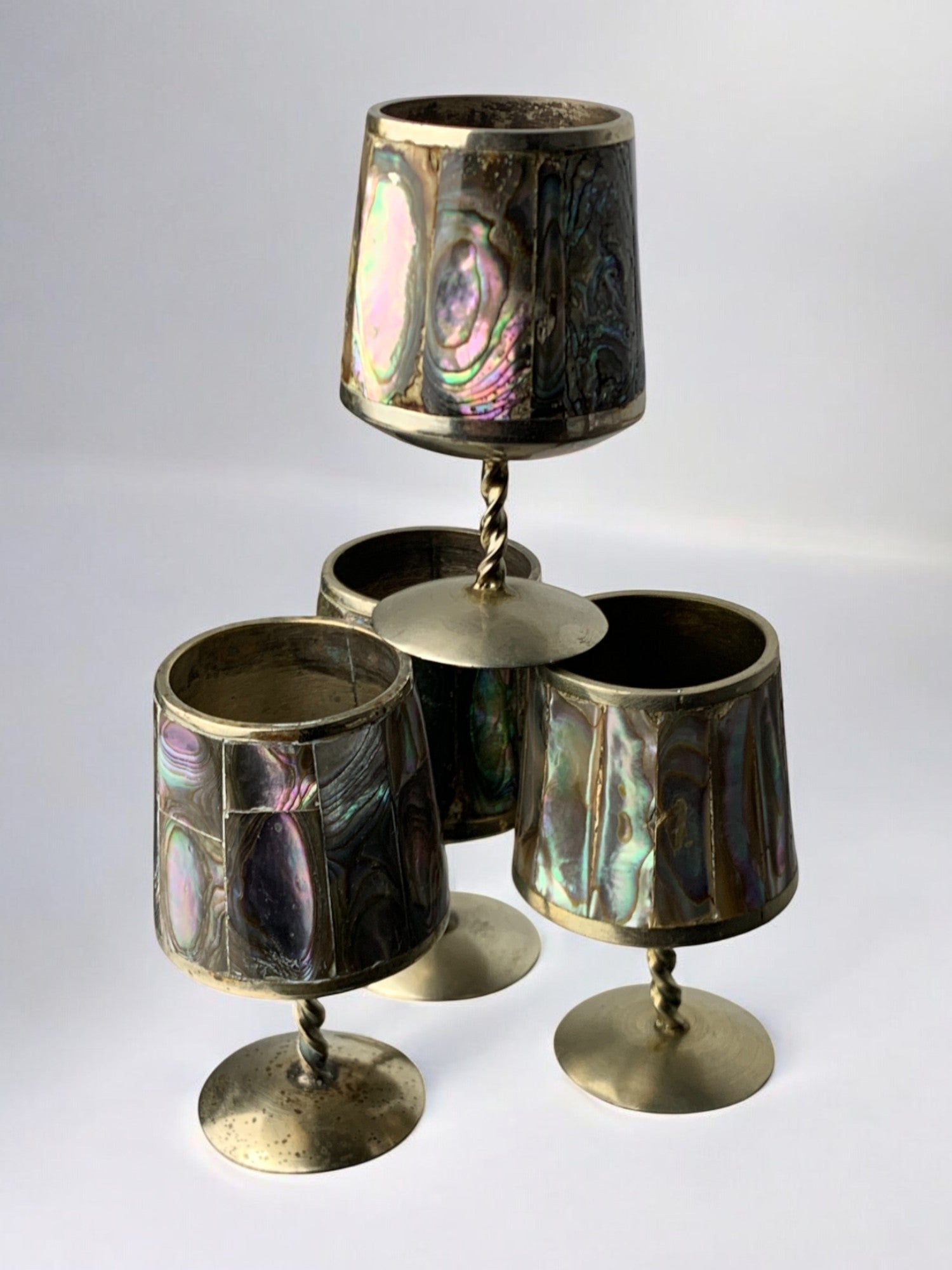 Abalone Shell & Alpaca Shot Glasses, set of 4,  Mexico, 1970's
