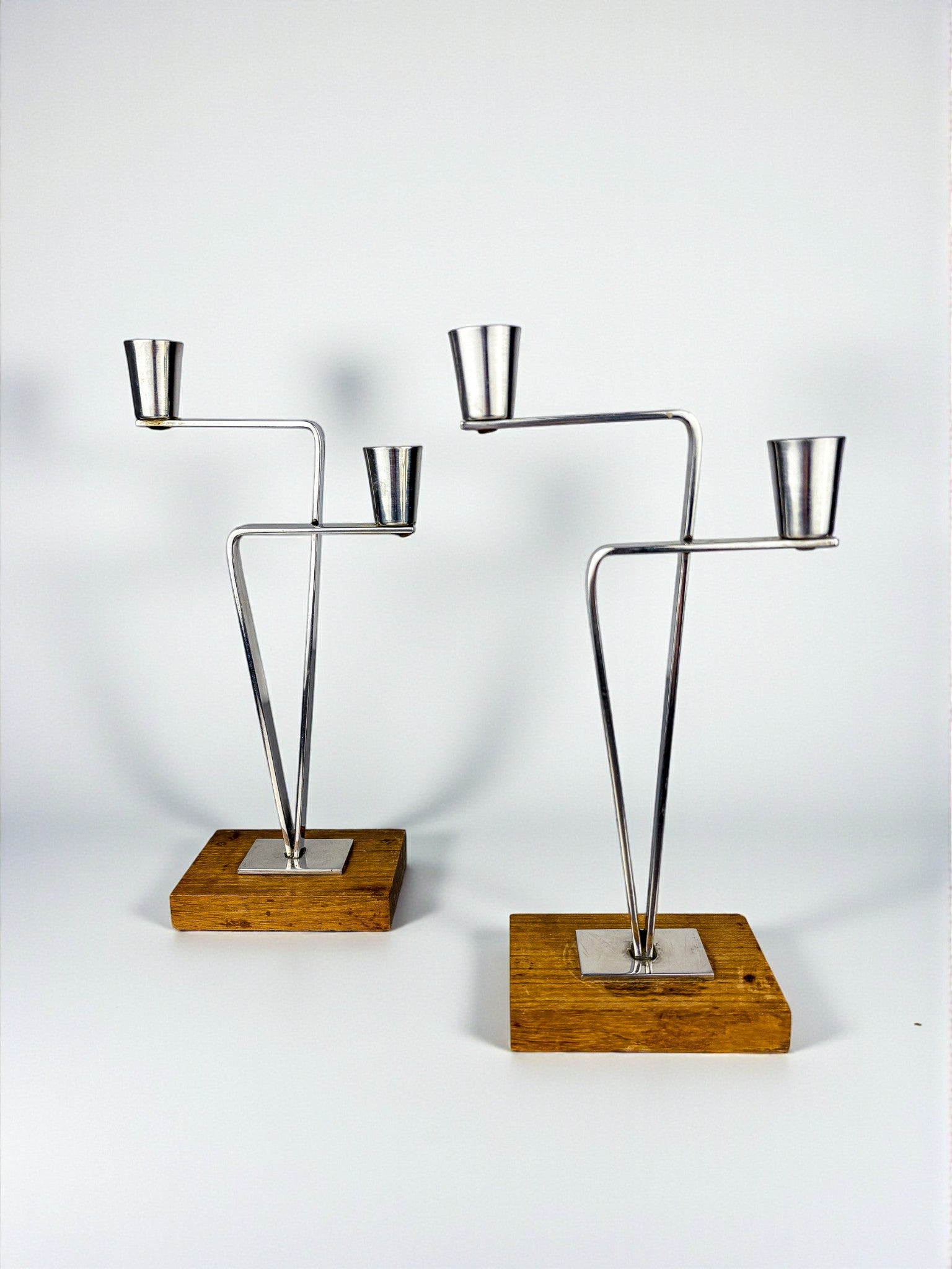 Pair of Scandinavian 2-Arm Candle Holders – Stainless Steel & Rosewood, Denmark 1970s