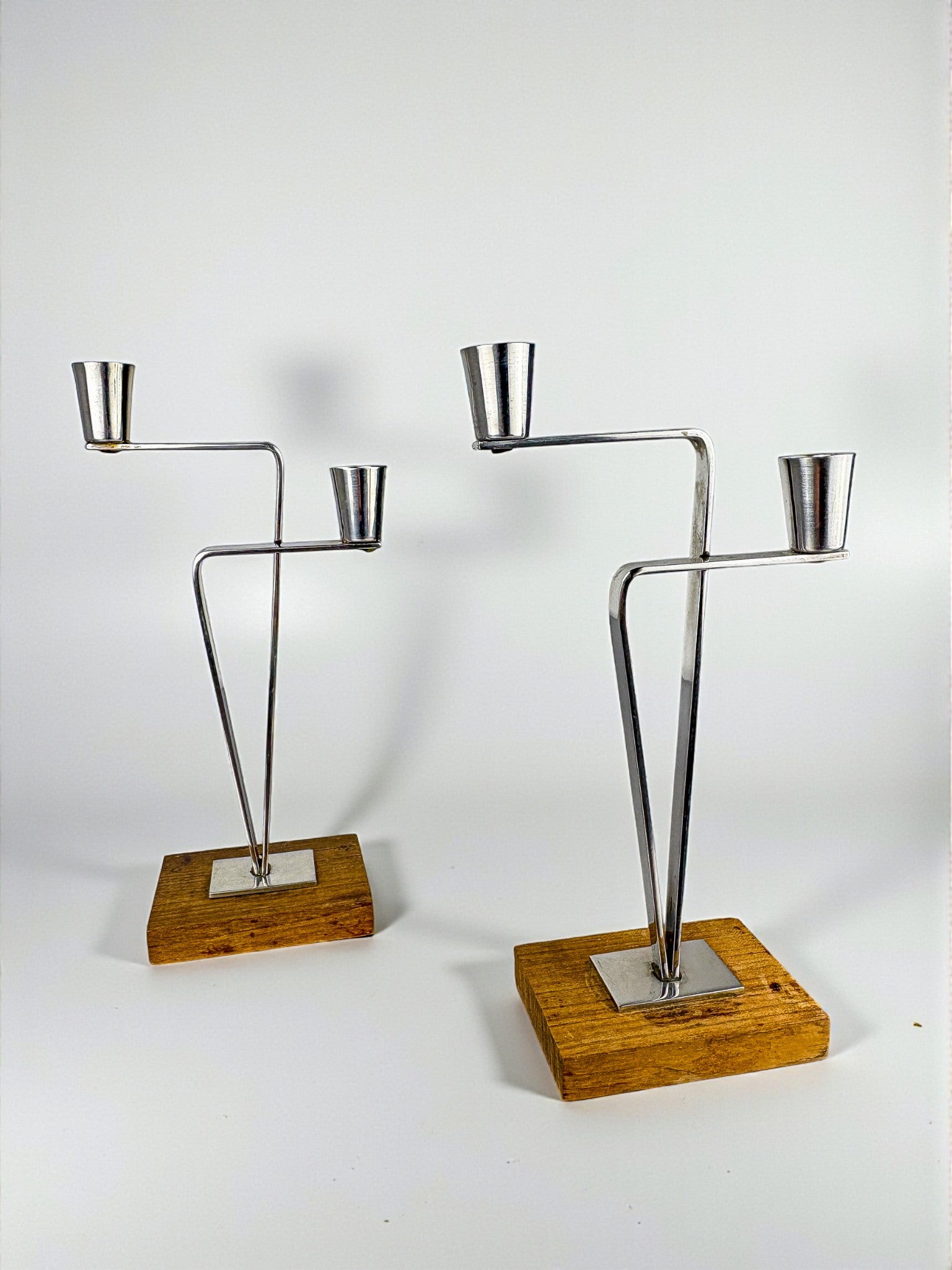 Pair of Scandinavian 2-Arm Candle Holders – Stainless Steel & Rosewood, Denmark 1970s