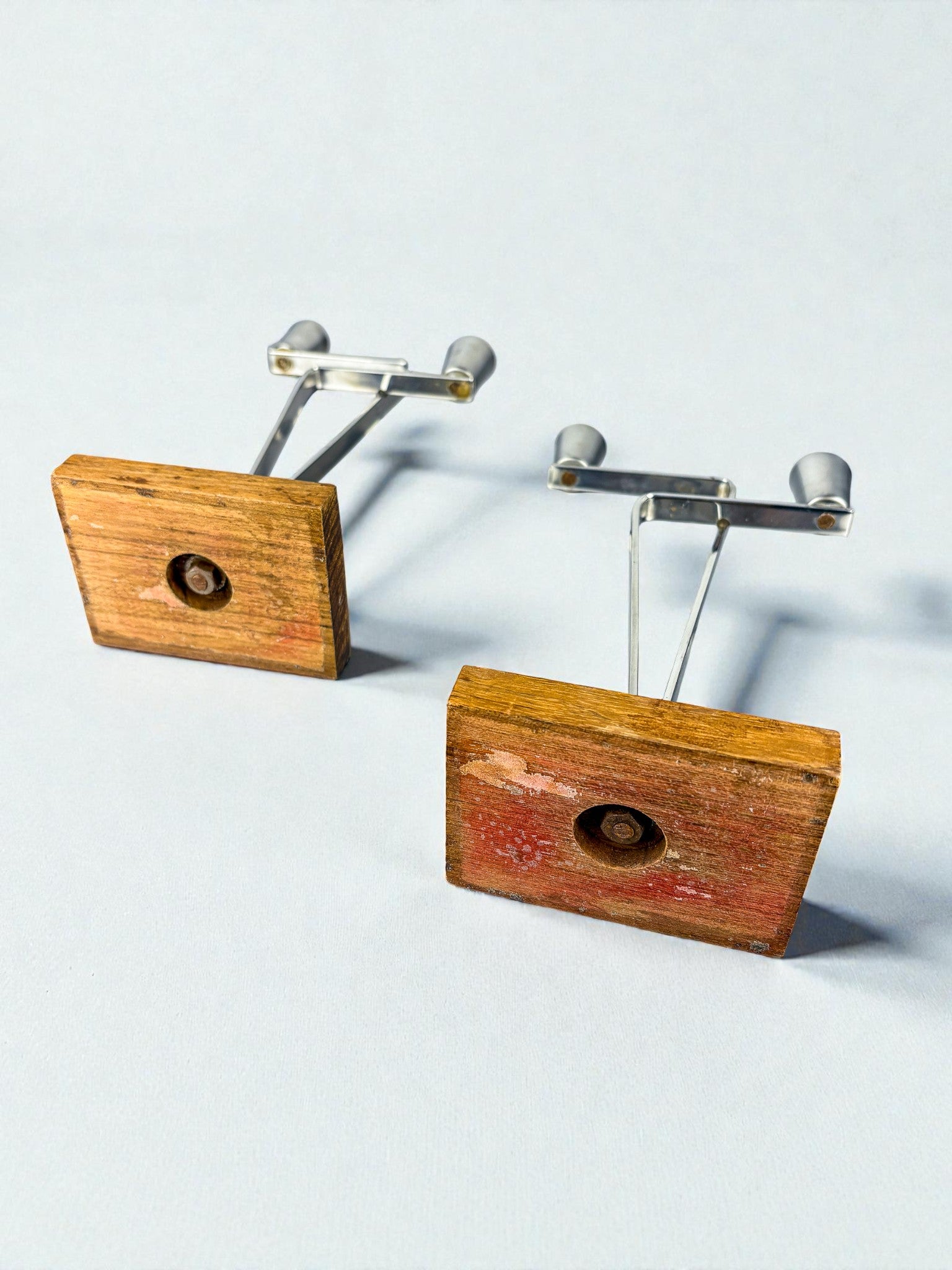 Pair of Scandinavian 2-Arm Candle Holders – Stainless Steel & Rosewood, Denmark 1970s