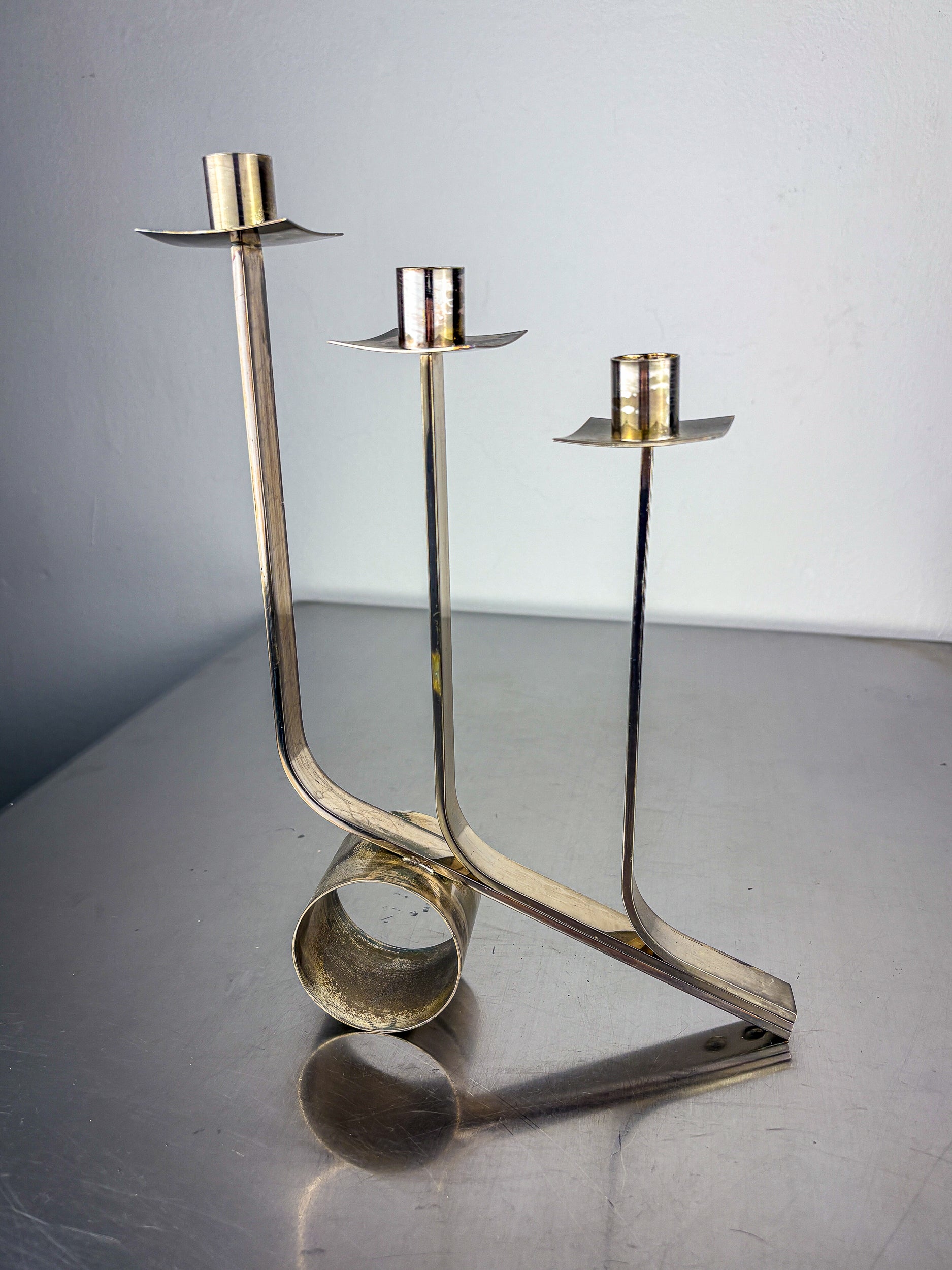 Art Deco 3-Flame Candelabra in Stainless Steel, France Circa 1970s