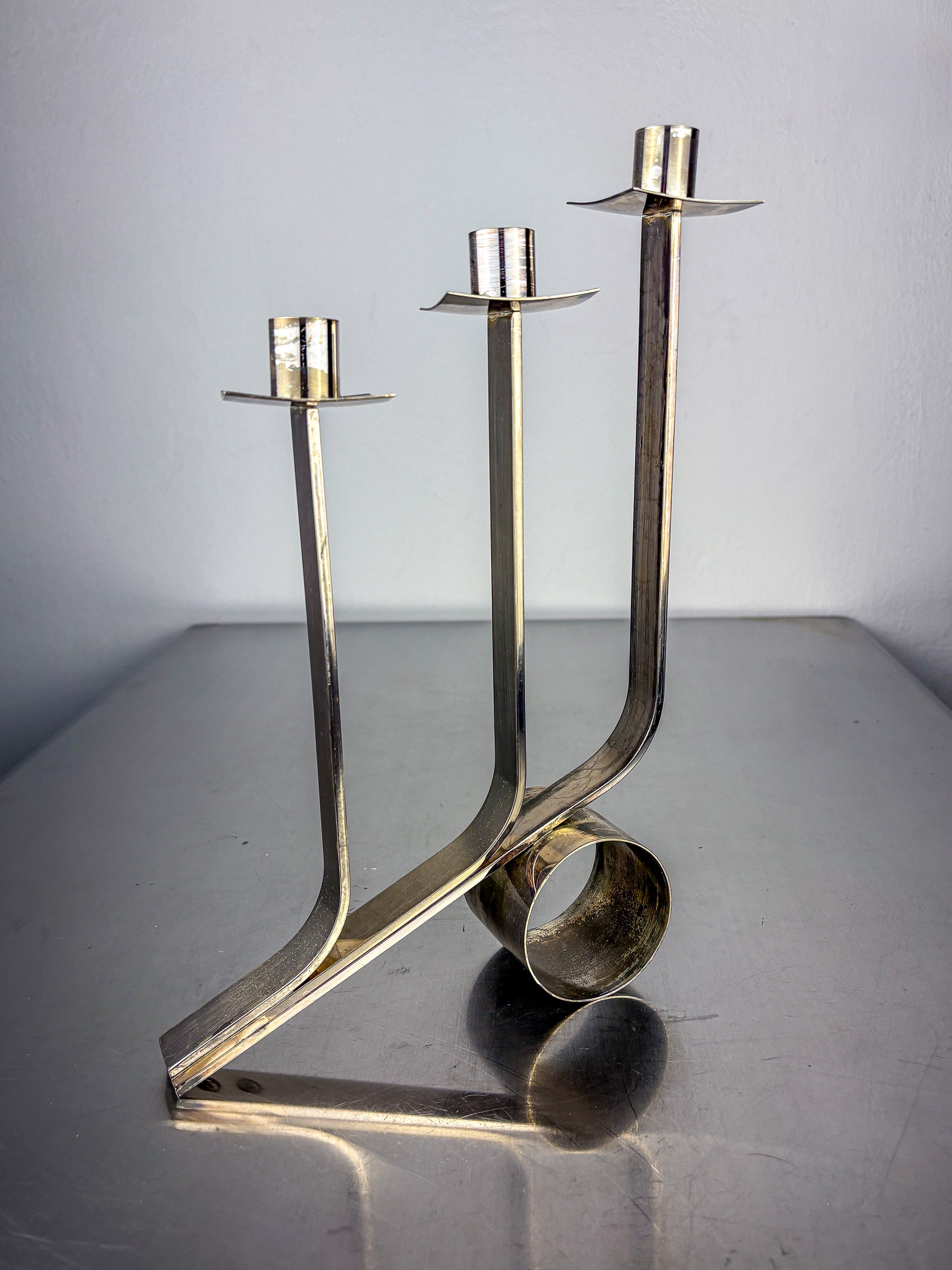 Art Deco 3-Flame Candelabra in Stainless Steel, France Circa 1970s