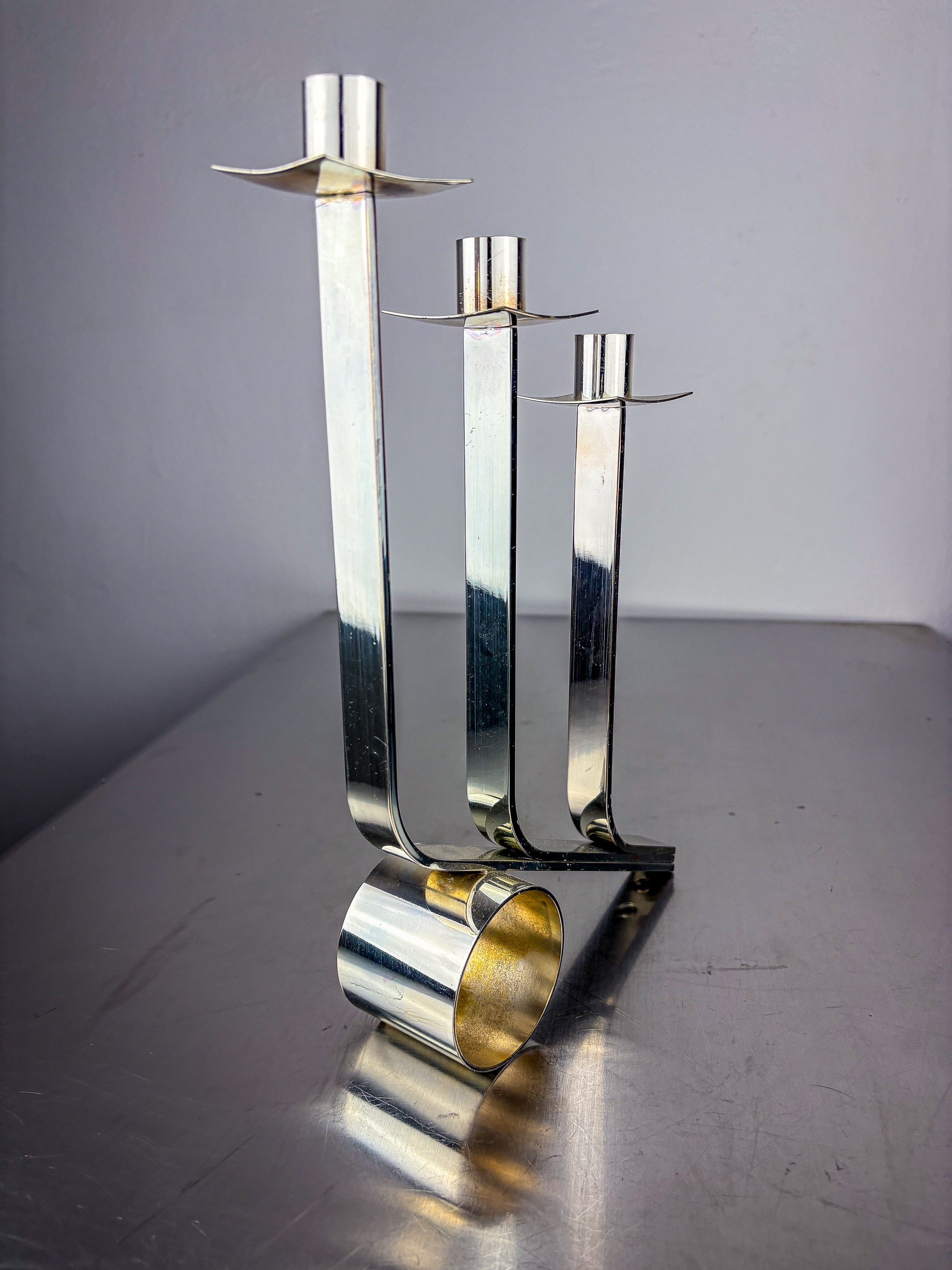 Art Deco 3-Flame Candelabra in Stainless Steel, France