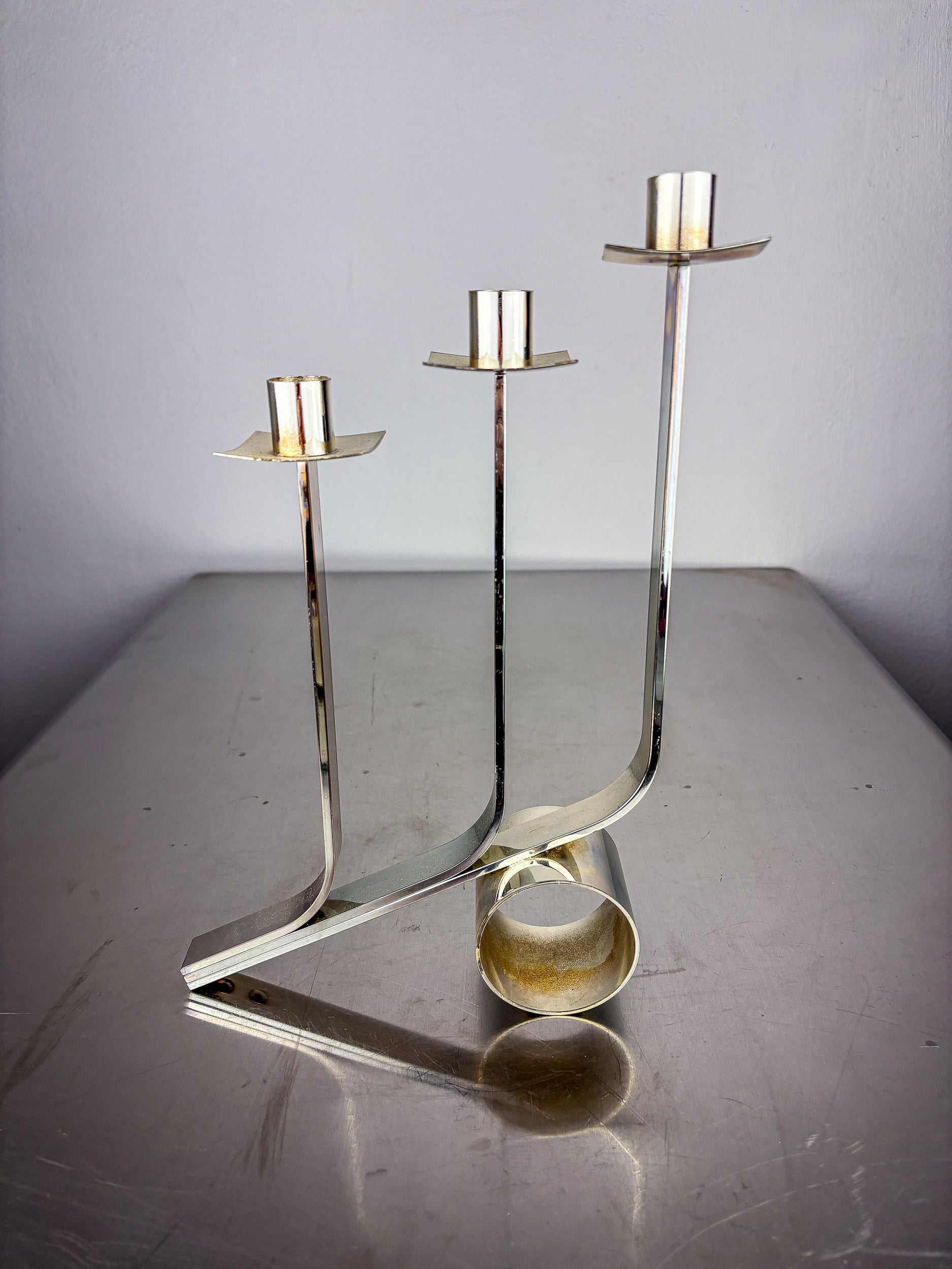 Art Deco 3-Flame Candelabra in Stainless Steel, France