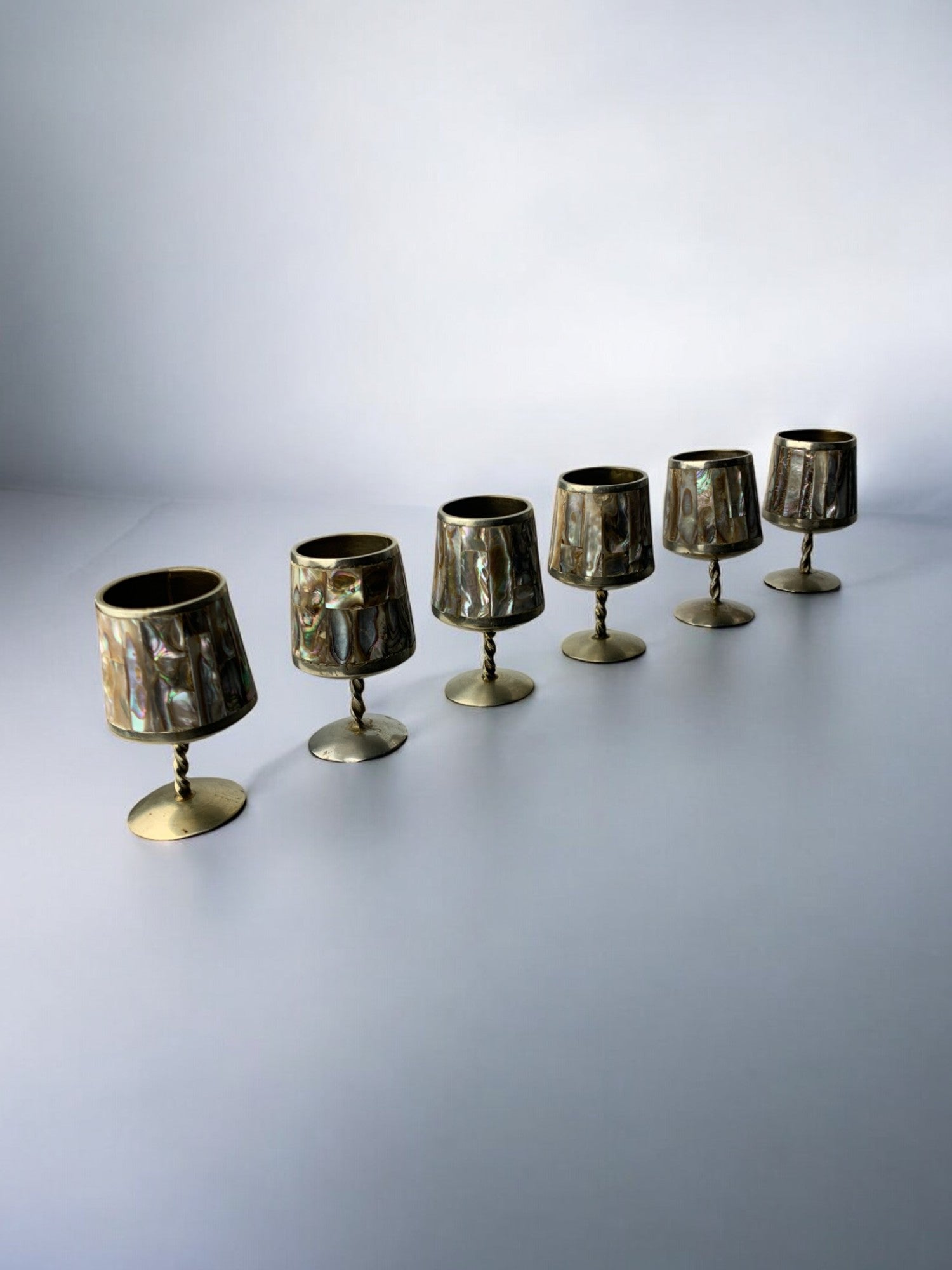 Abalone Shell & Alpaca Shot Glasses, set of 6,  Mexico, 70's