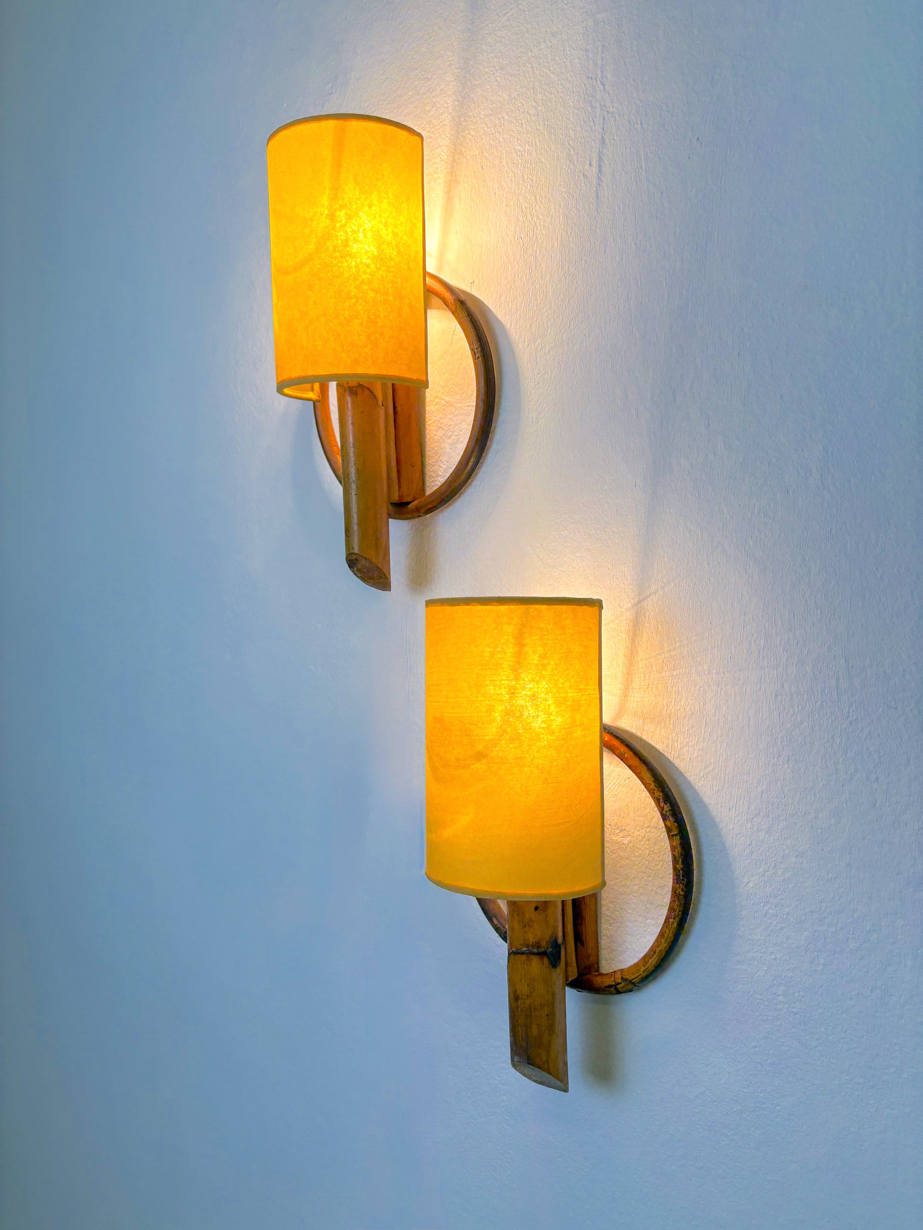 Pair of Mid-Century Rattan Wall Sconces, Italy, 1960's