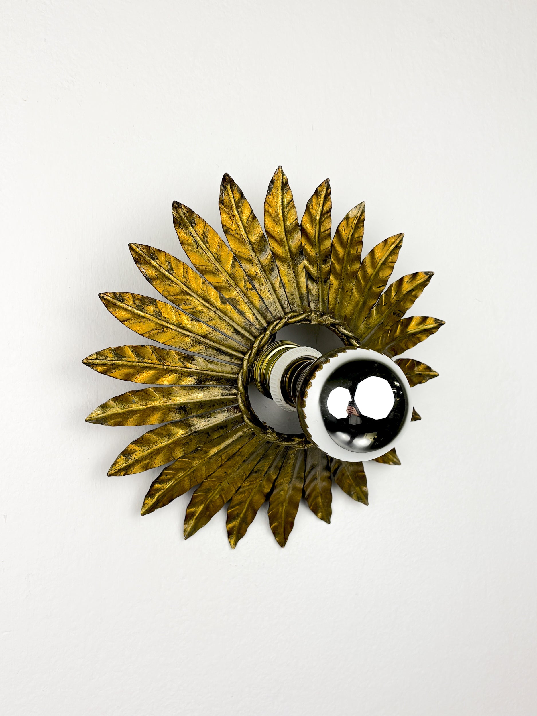 Spanish Sunburst Flush Mount Light Fixture in Gilt Iron, Circa 1960's