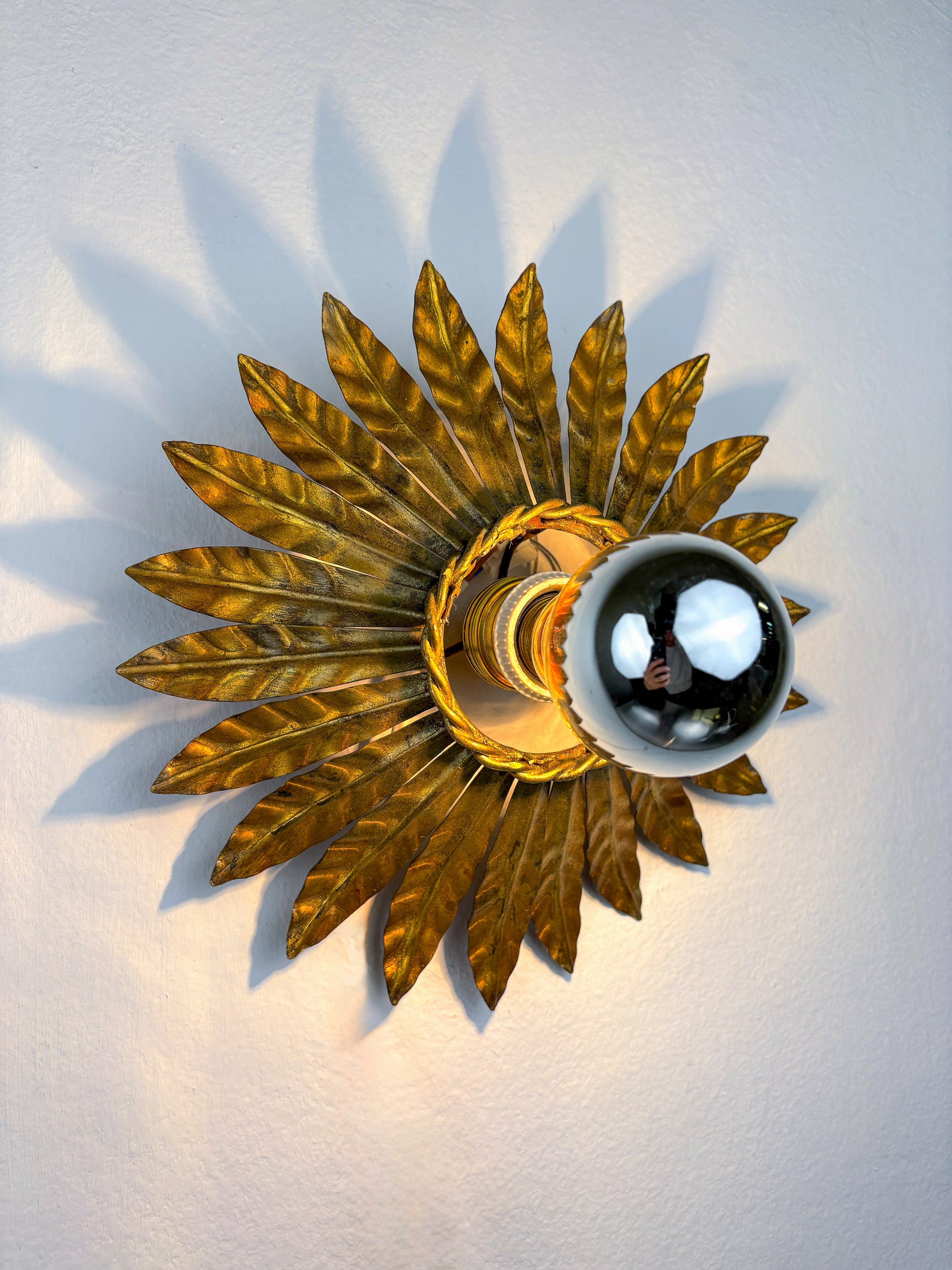 Spanish Sunburst Flush Mount Light Fixture in Gilt Iron, Circa 1960's