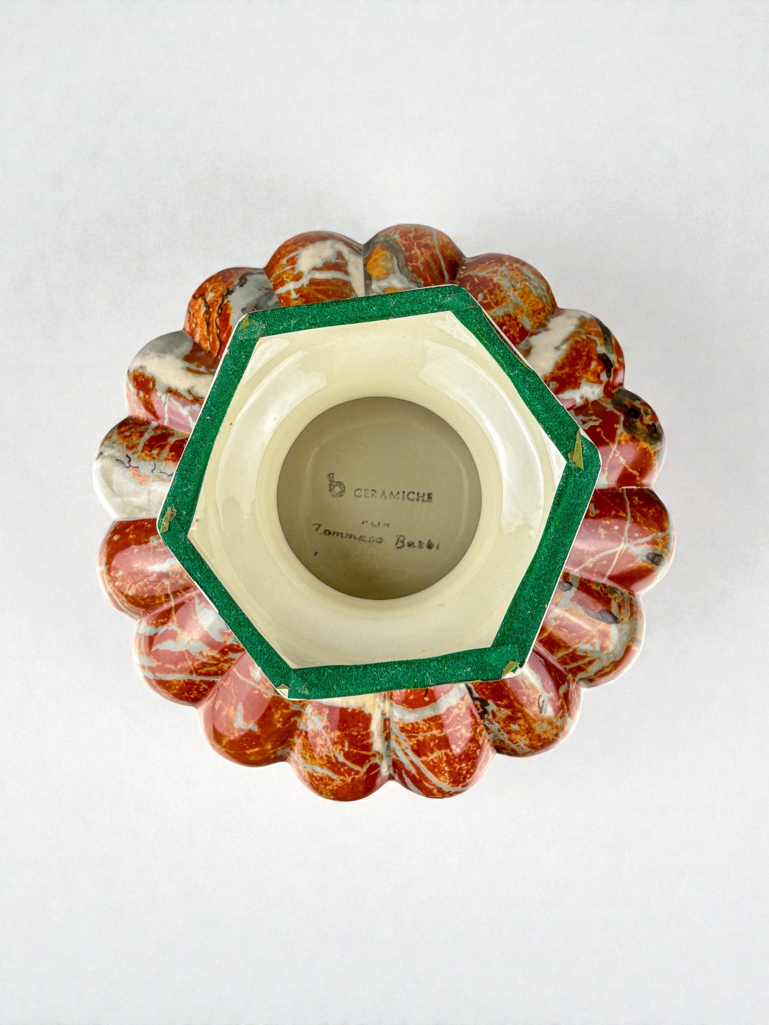 Tommaso Barbi Ceramic Centerpiece, hexagonal base & rounded edge, signed, Italy, 1970's