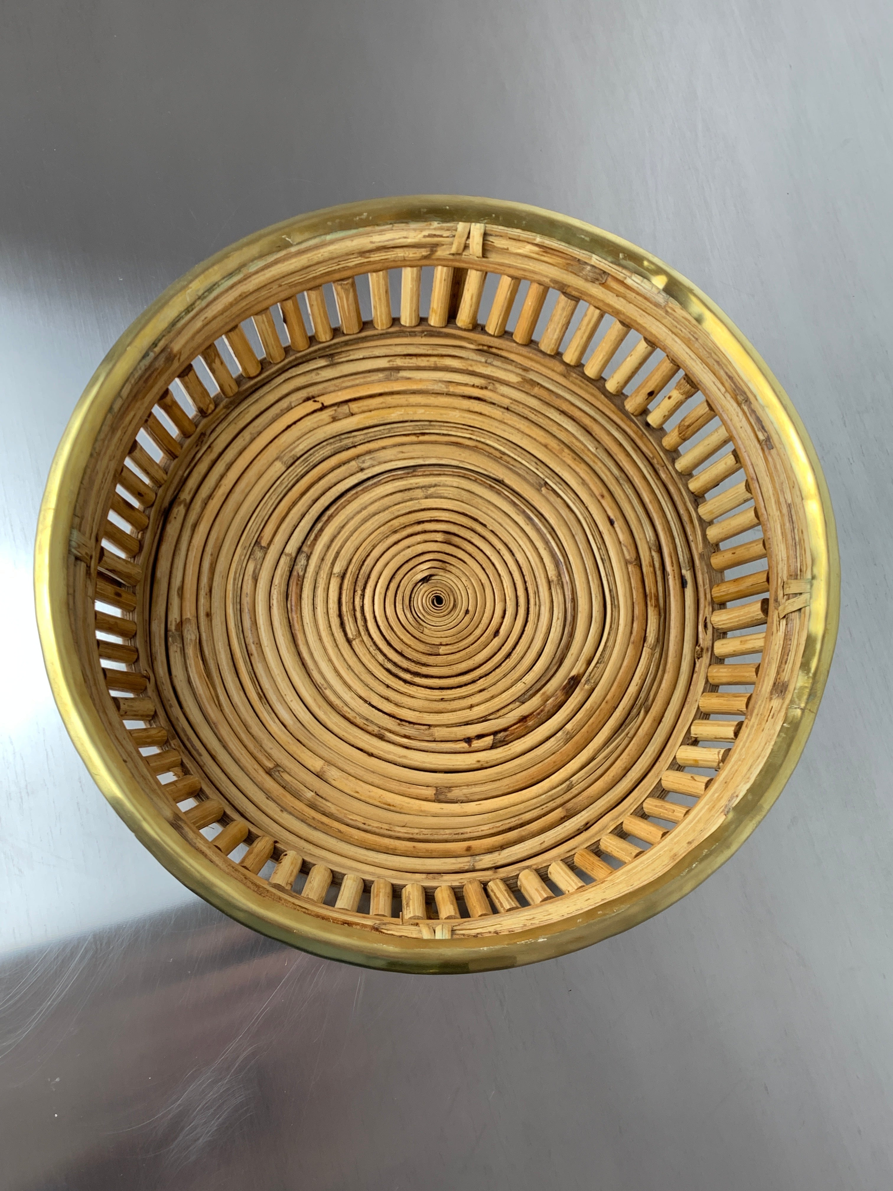 Circular Rattan and brass basket, Italy, 1970