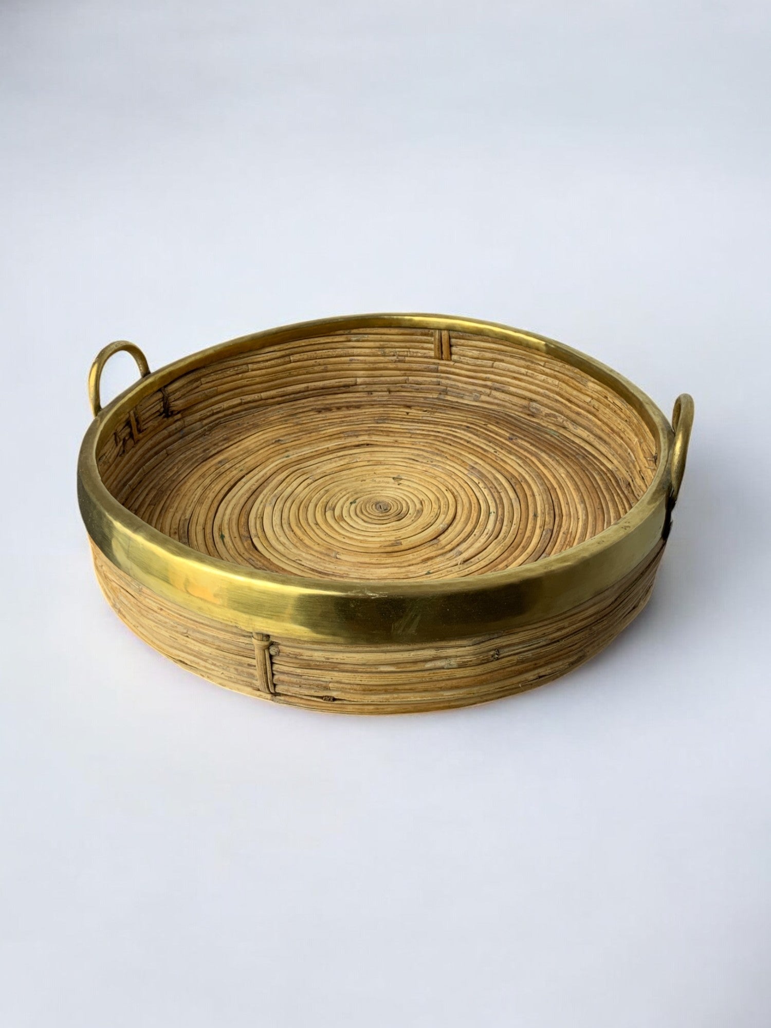 Circular Rattan and brass tray, Italy, circa 1970's