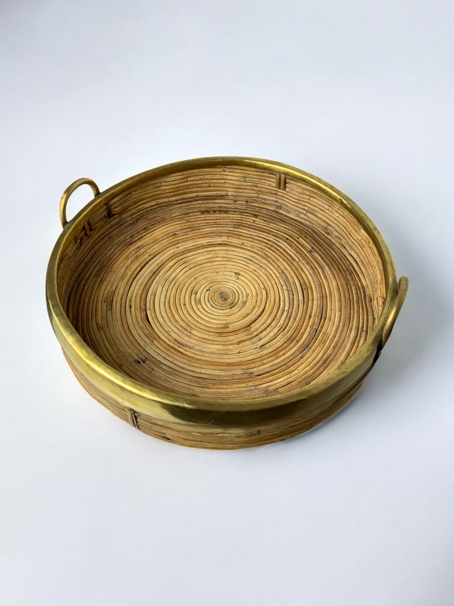 Circular Rattan and brass tray, Italy, circa 1970's