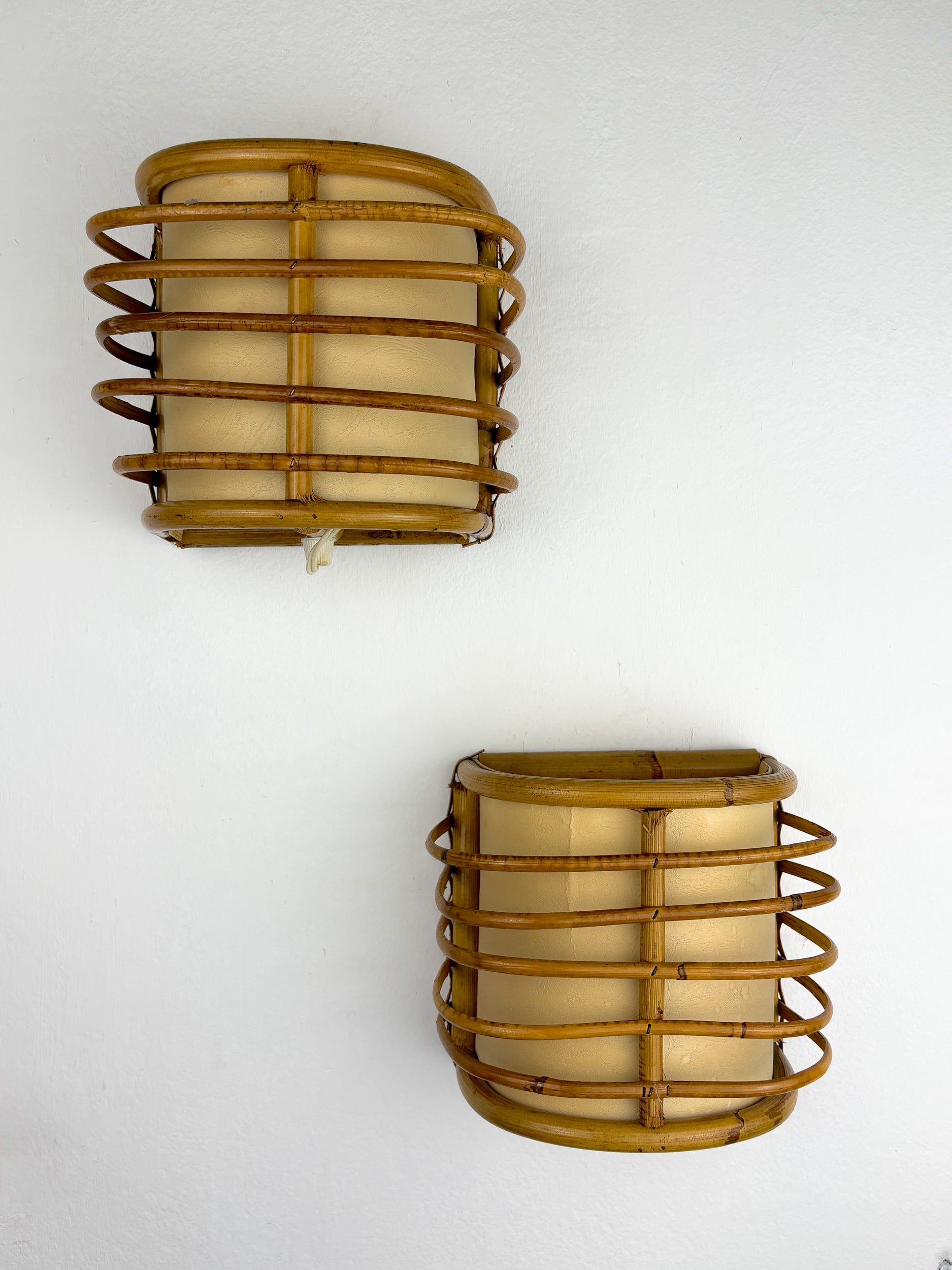 Pair of Mid-Century Rattan Wall Sconces, Circa 1960s, Italy