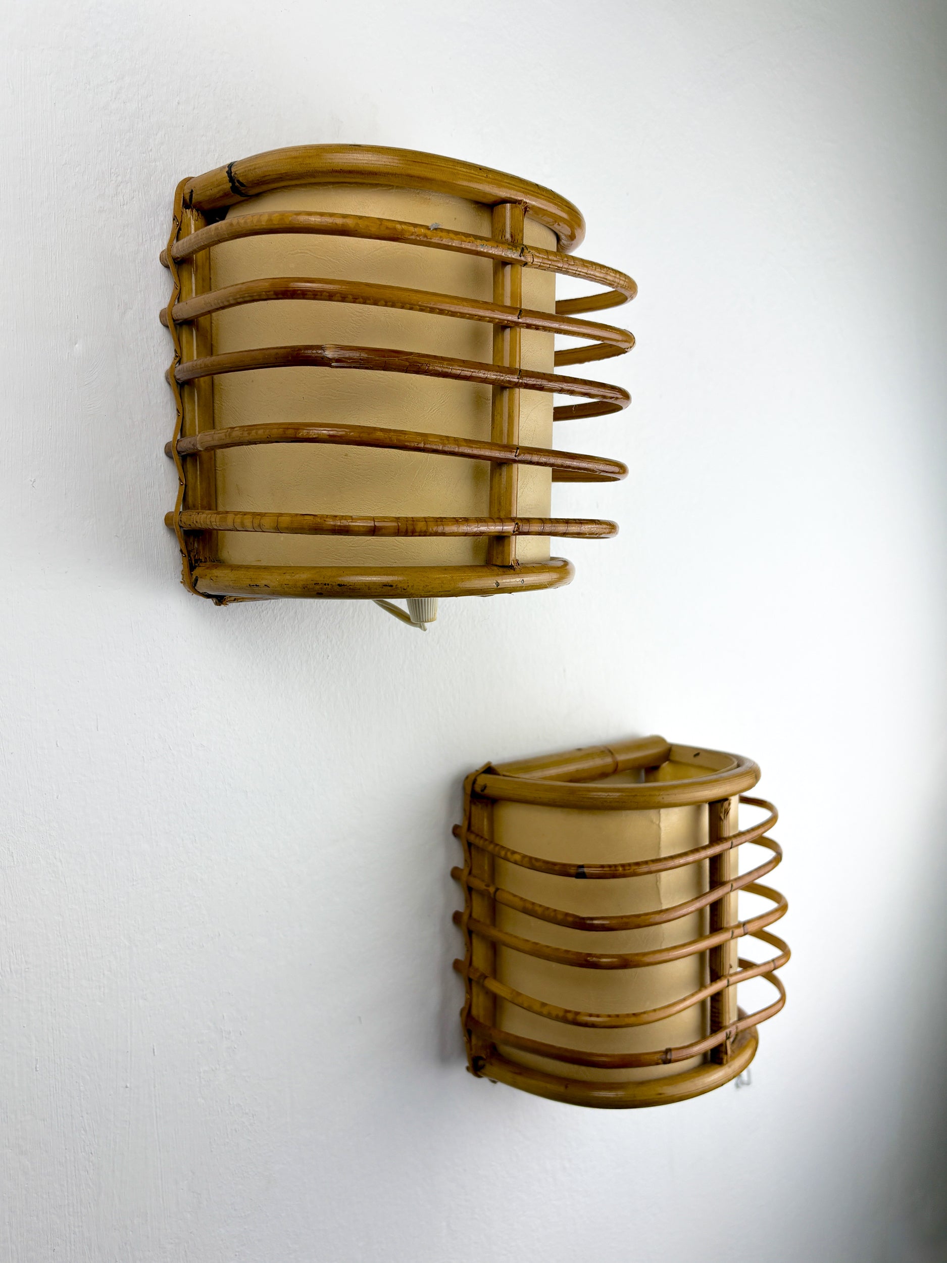 Pair of Mid-Century Rattan Wall Sconces, Circa 1960s, Italy
