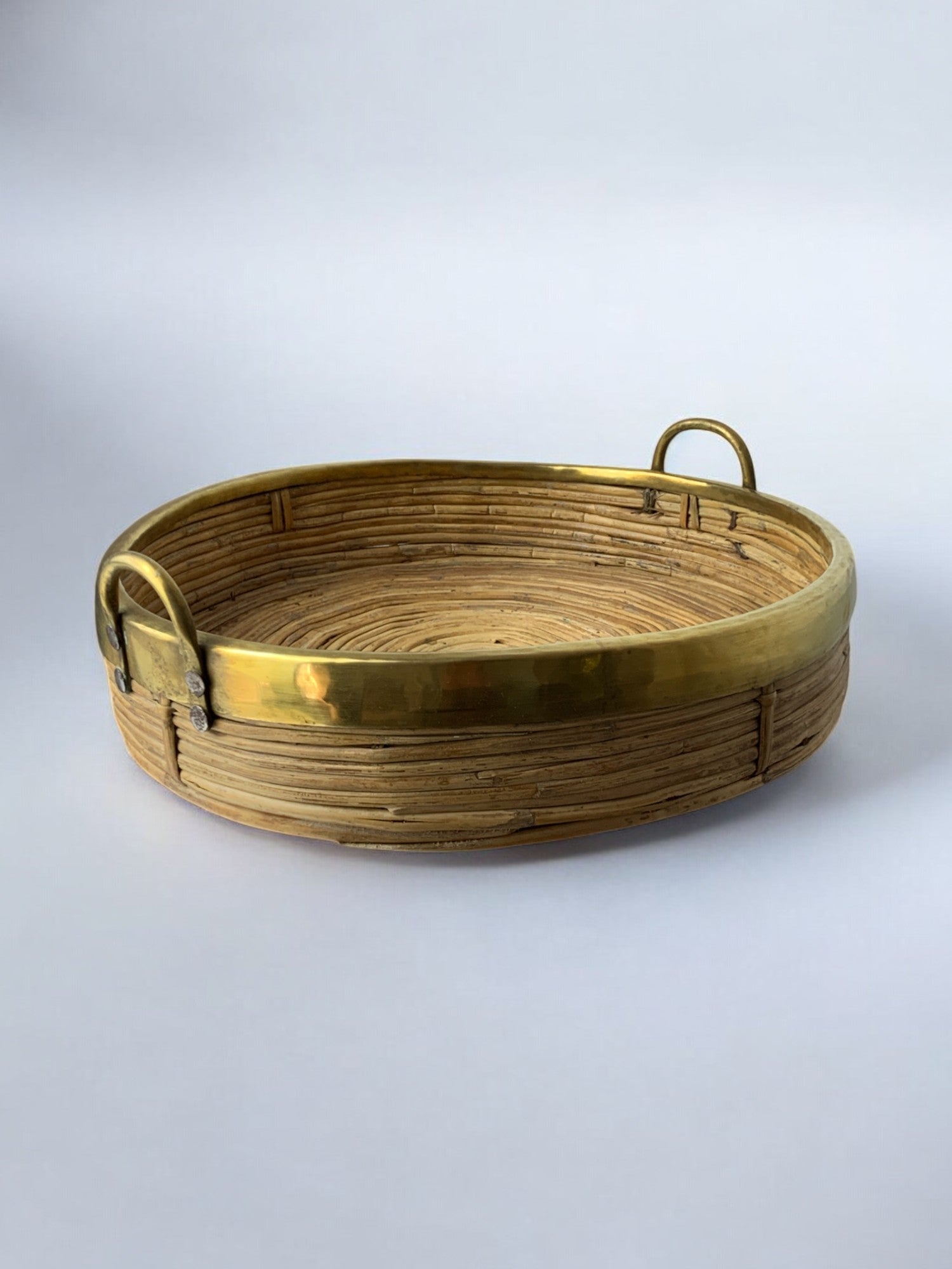 Circular Rattan and brass tray, Italy, circa 1970's