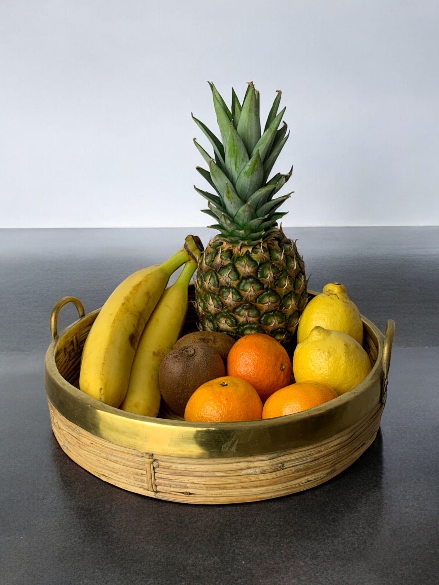 Circular Rattan and brass tray, Italy, circa 1970's